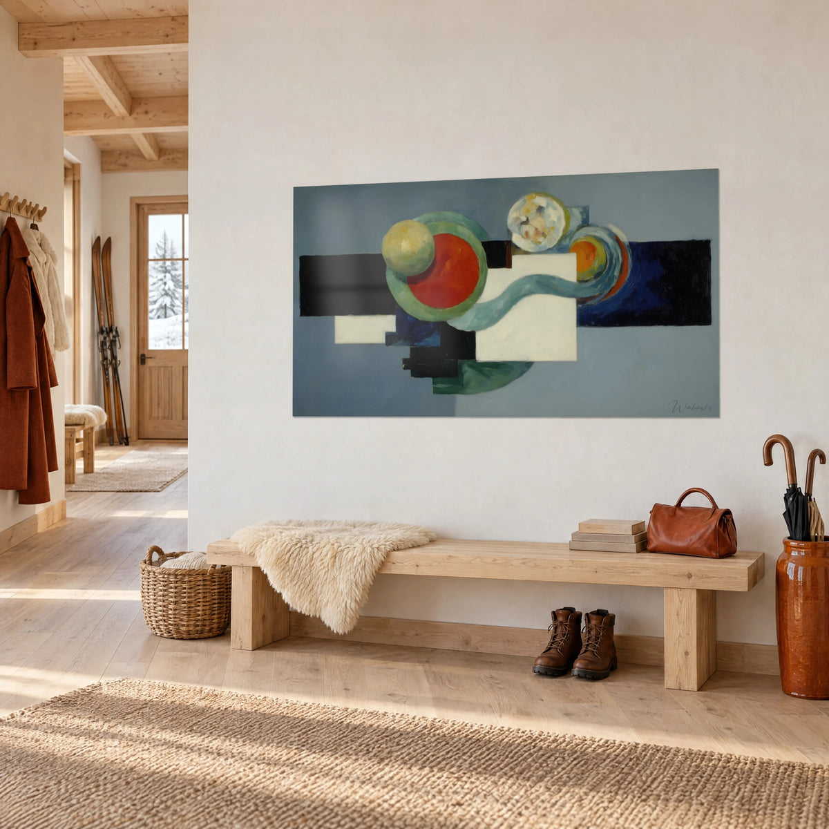 Tableau cercles orange et ivoire sur rectangles noirs et blancs, fond bleu-gris, accroché au-dessus d'un banc en chêne dans l'entrée