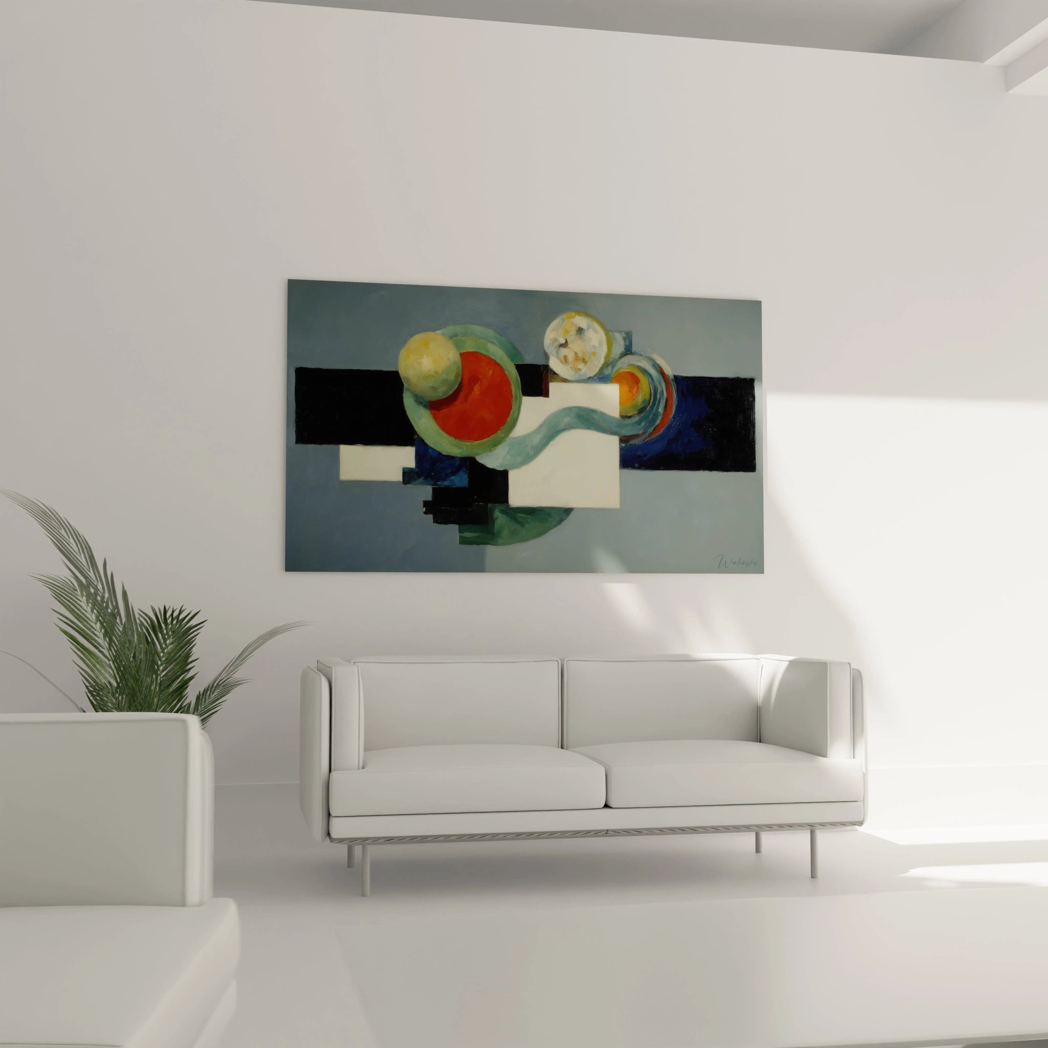 Tableau mural Walensky tableau géométrique dadaïsme abstrait cercles rouges verts blocs noirs salon minimaliste