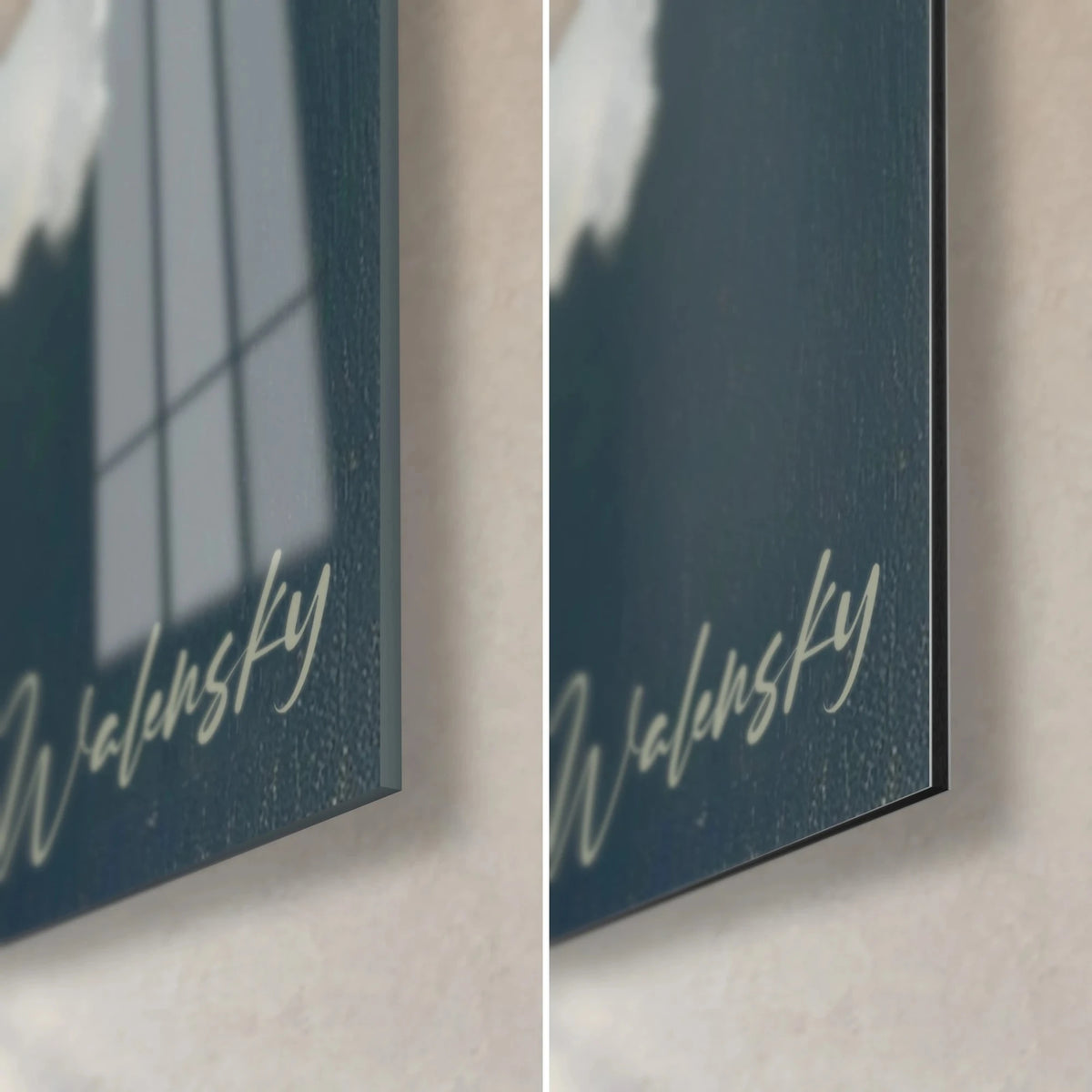 Wall art red and pink fragments on midnight blue, bottom right corner: glossy acrylic glass on the left, matte Dibond and 3 mm edge on the right