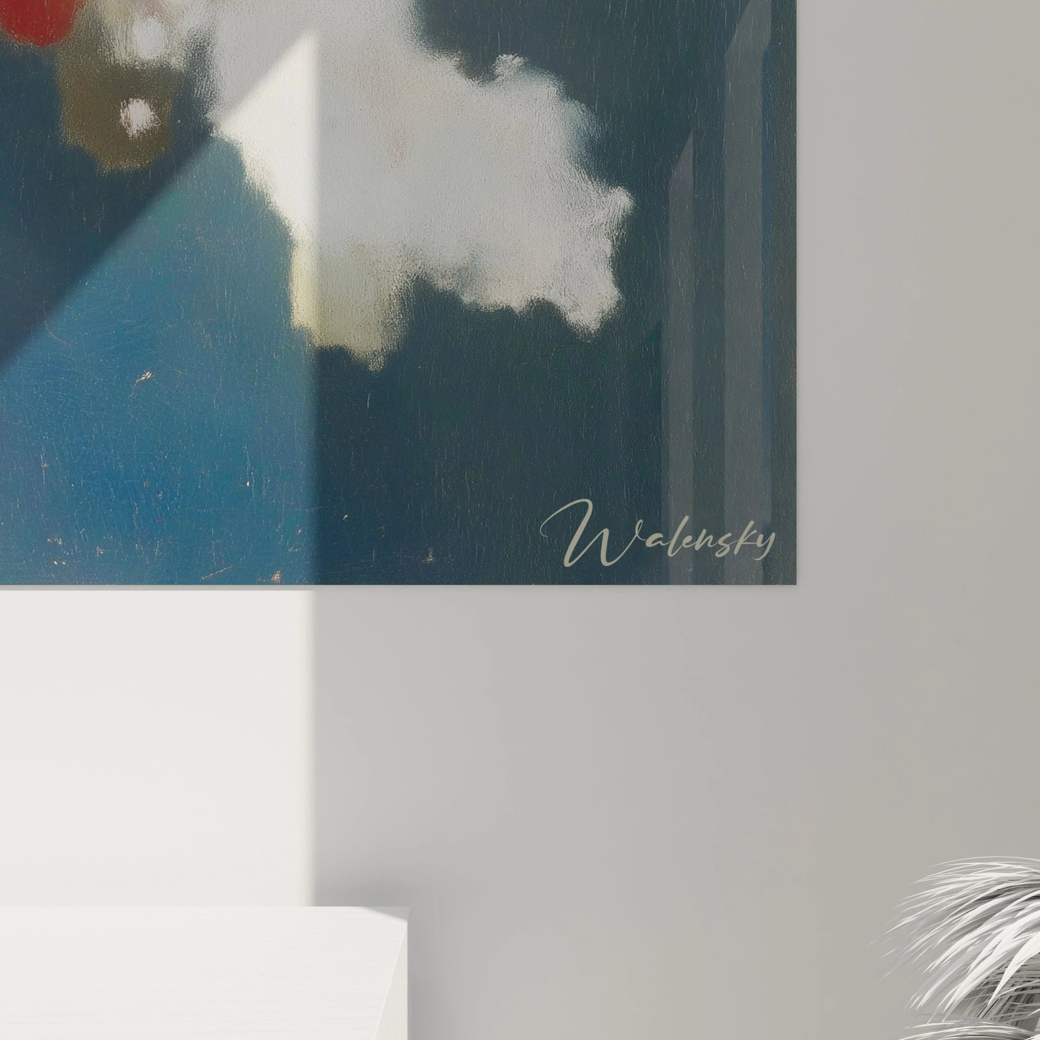 Walensky tableau géométrique dadaïsme abstrait mural bleu blanc avec signature en bas à droite