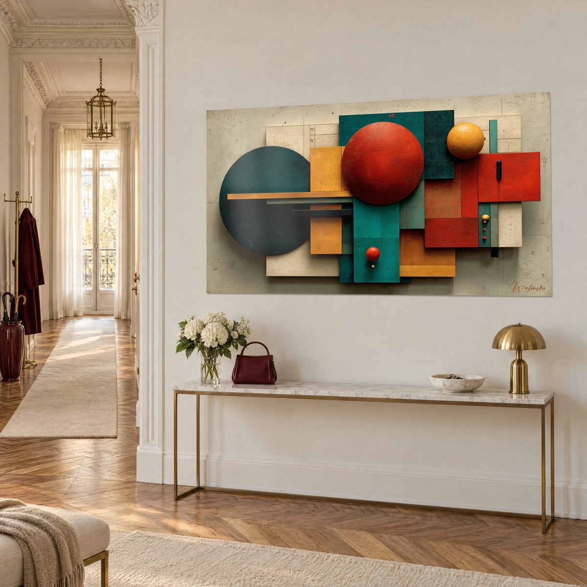 Tableau assemblage de formes géométriques ocre, rouge et vert sapin sur fond crème, au-dessus d'une console dorée haussmannienne