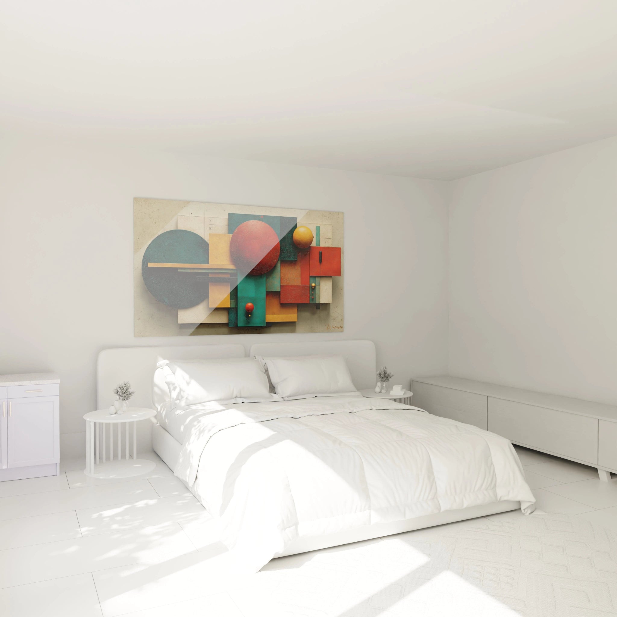 Chambre minimaliste blanche avec lit king size et tableau formes géométriques Bauhaus coloré de Walensky