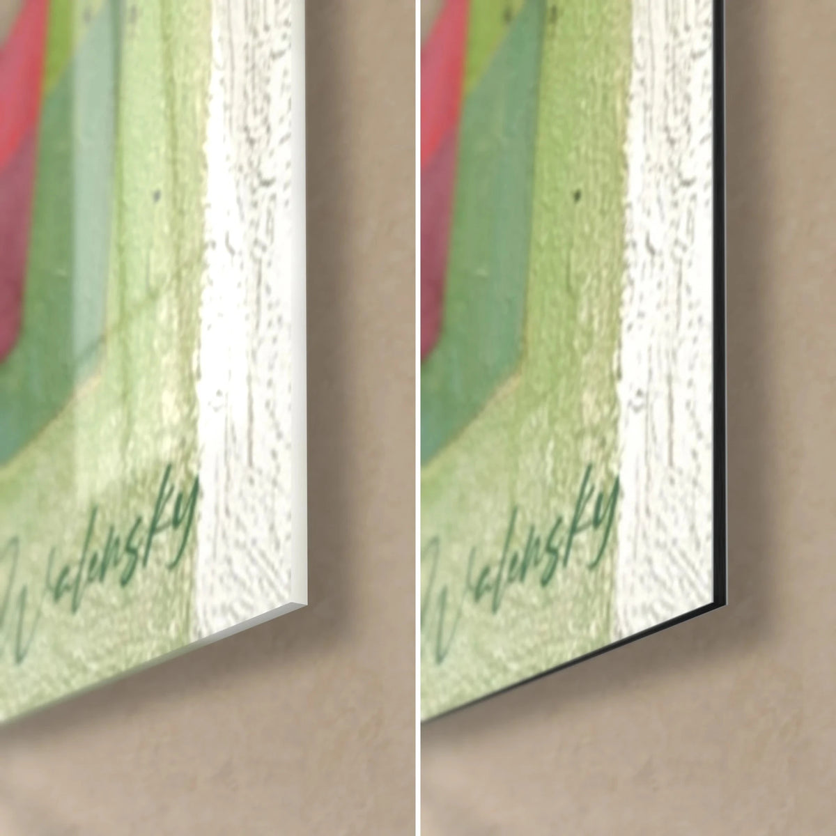 Quadro arte astratta Bauhaus, angolo in basso a destra: acrilico lucido e Dibond in alluminio opaco verde salvia, spessore 3 mm