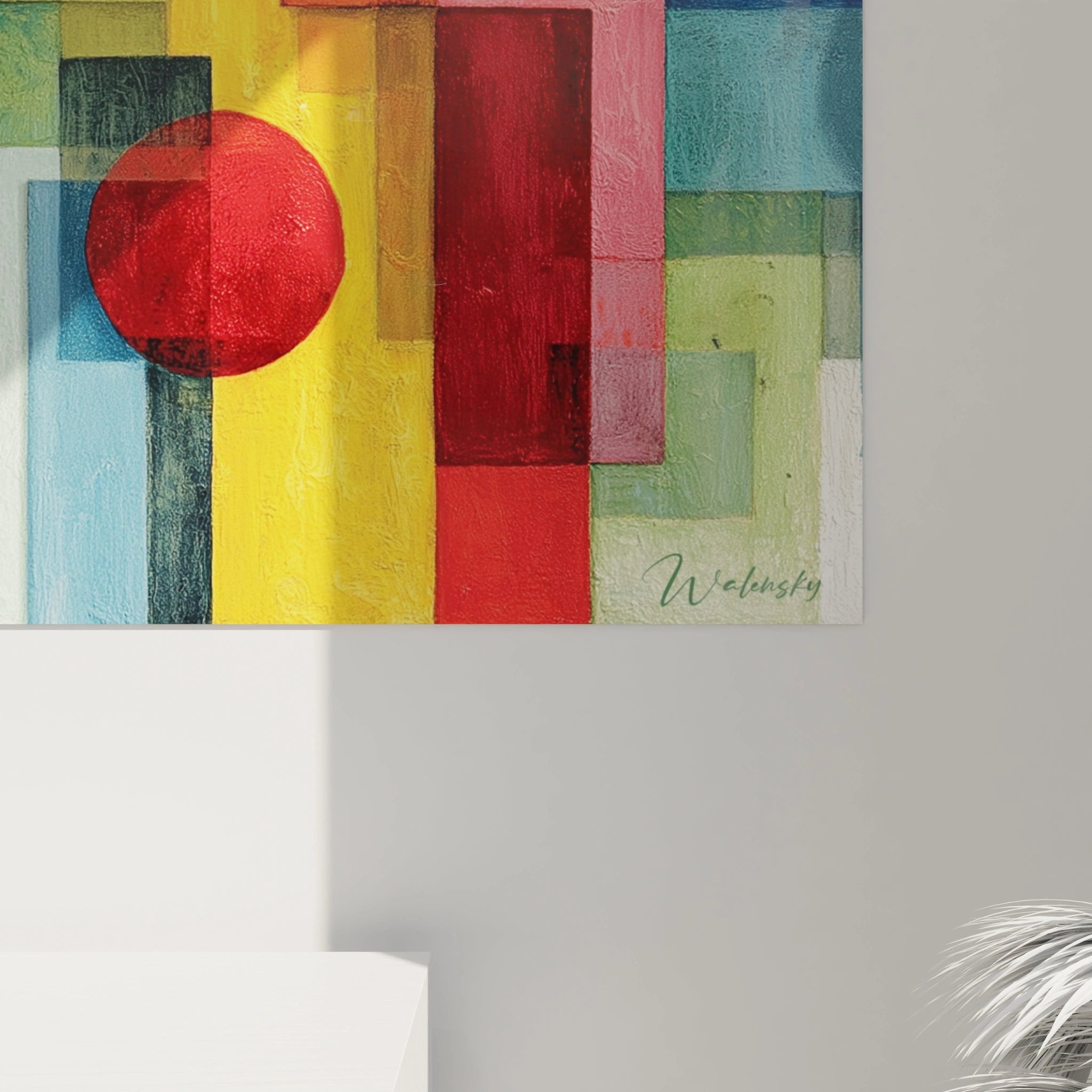 Tableau mural Walensky avec motif abstrait coloré et cercle rouge sur blocs rectangulaires tableau formes géométriques Bauhaus