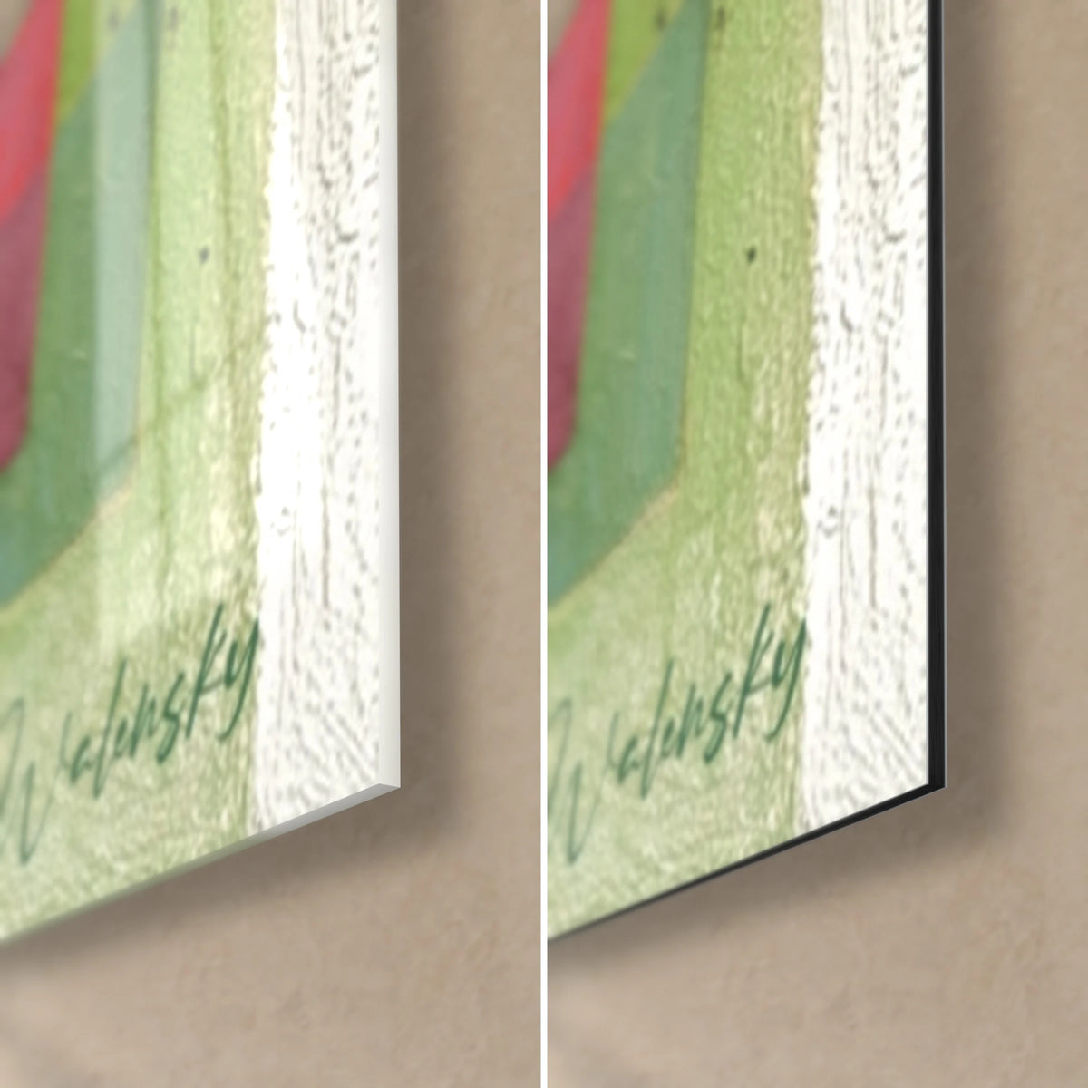 Gemälde abstrakte Bauhaus-Kunst, untere rechte Ecke: glänzendes Acryl und matt salbeigrünes Alu-Dibond, 3 mm Kante