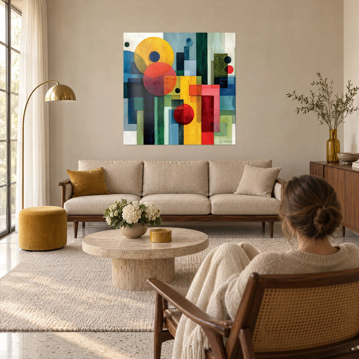 Gemälde geometrische Komposition aus gelben und roten Kreisen auf grünen und blauen Rechtecken, über einem Sofa in einem hellen Wohnzimmer