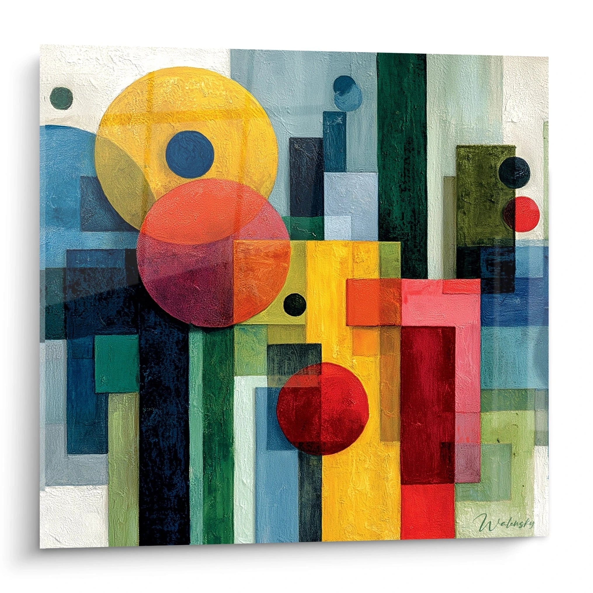 tableau formes géométriques Bauhaus Walensky peinture murale colorée avec cercles et rectangles superposés