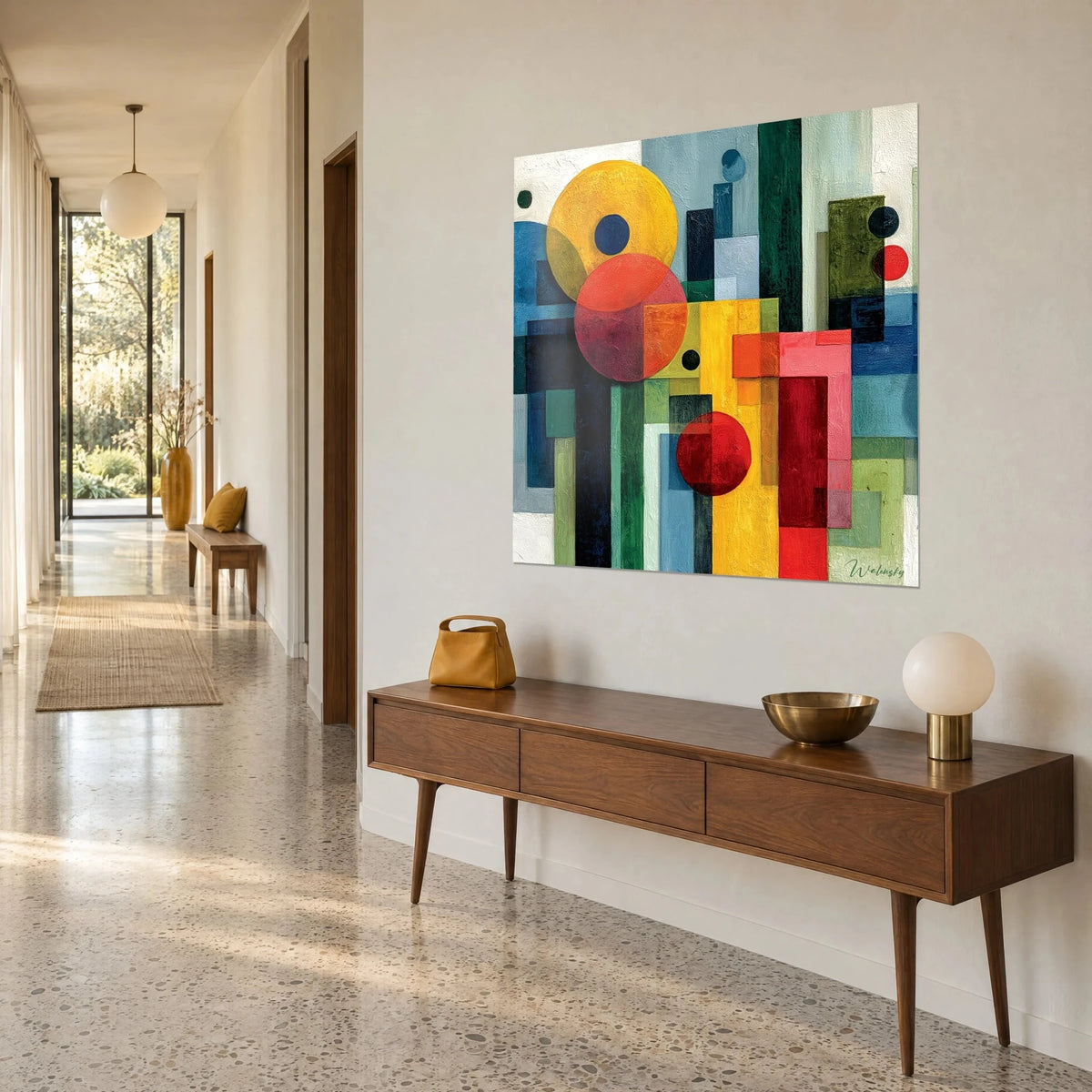 Quadro mosaico di rettangoli smeraldo e blu navy, dischi ocra e cremisi, visto di tre quarti in un corridoio illuminato