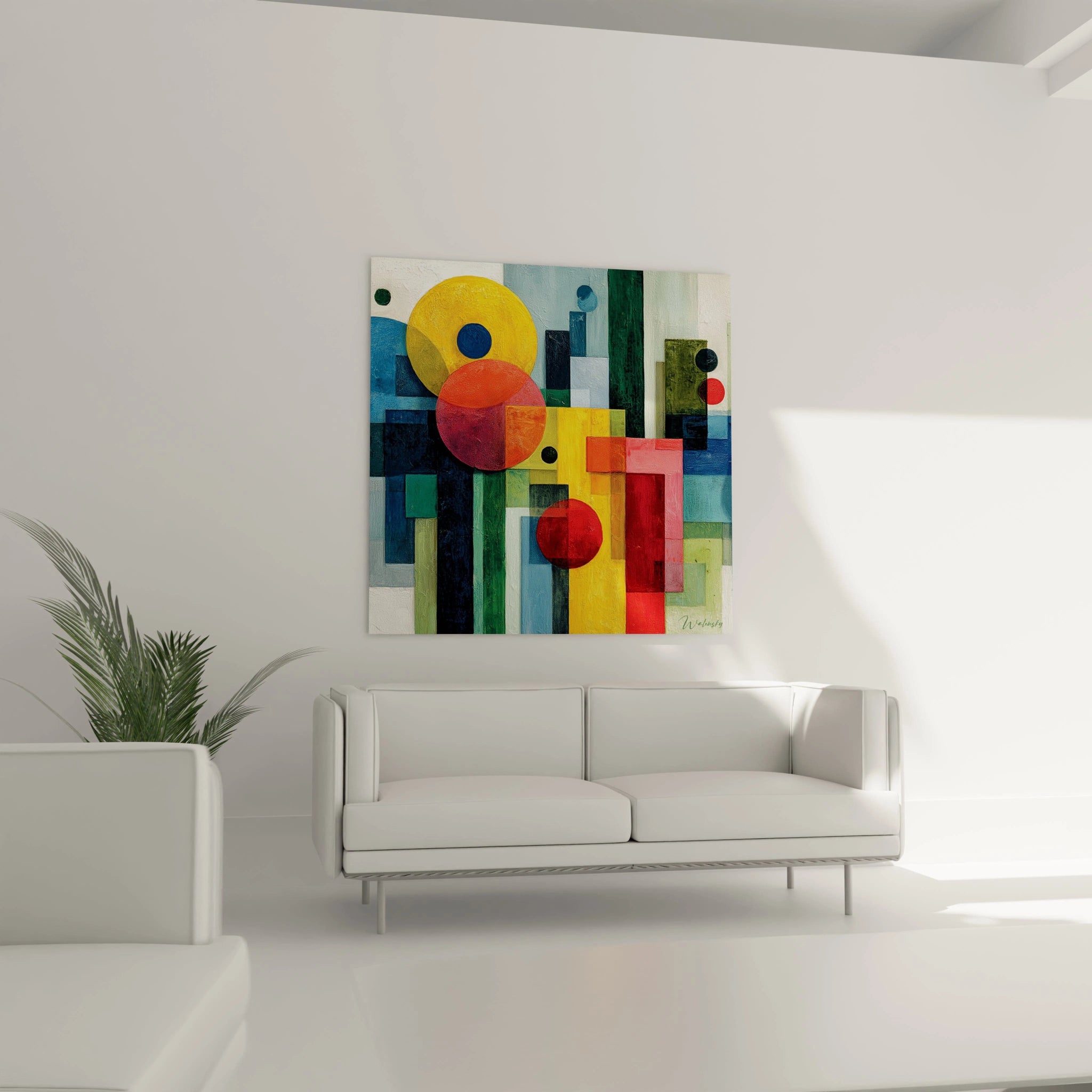 Tableau mural Walensky dans salon minimaliste couleurs vives formes abstraites tableau formes géométriques Bauhaus