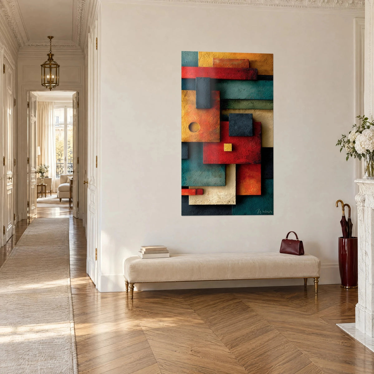 Tableau composition géométrique bauhaus, bandes bleu pétrole et crème, carré jaune minuscule, dans un couloir haussmannien