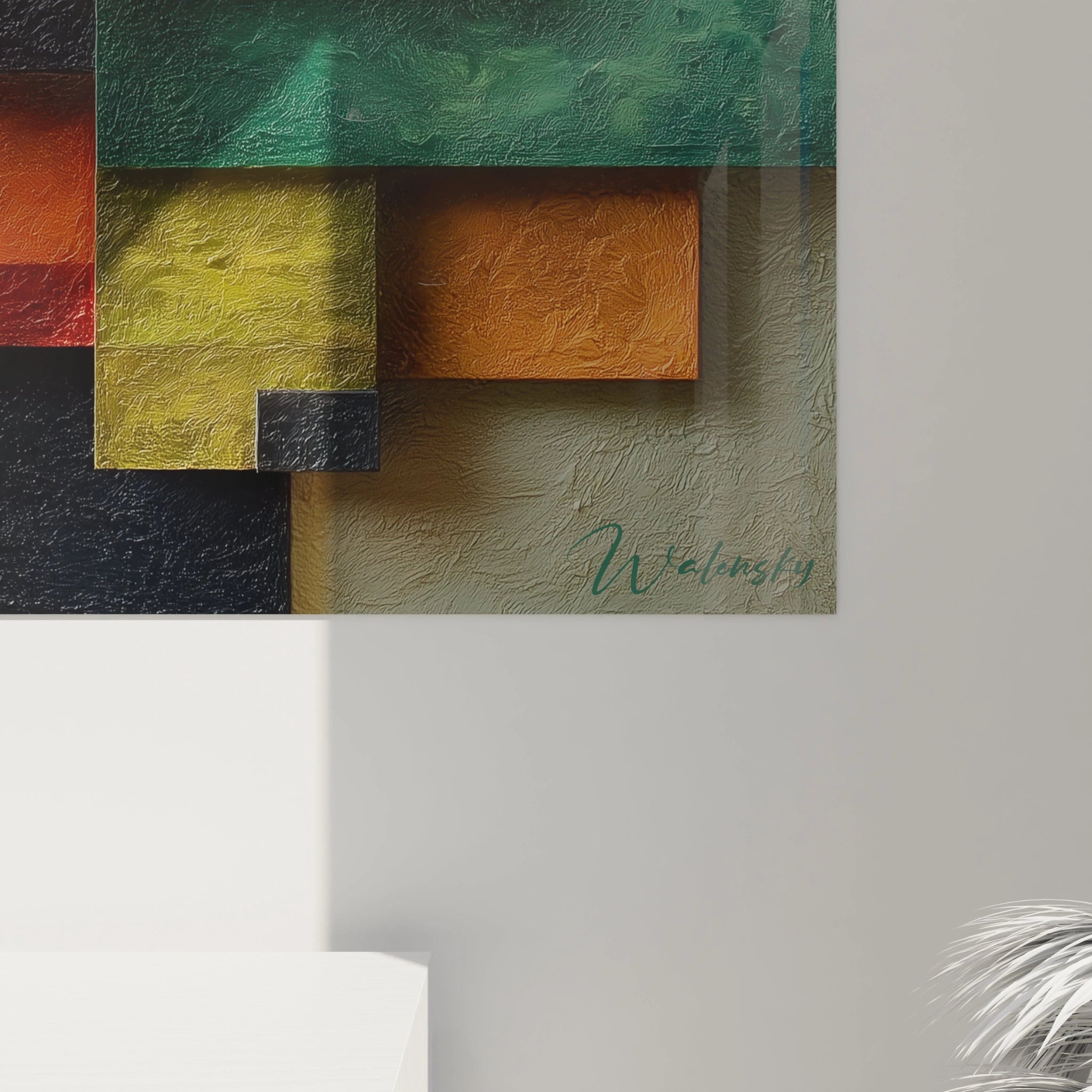 Tableau mural Walensky style tableau géométrique Bauhaus avec rectangles texturés verts jaunes orange et signature