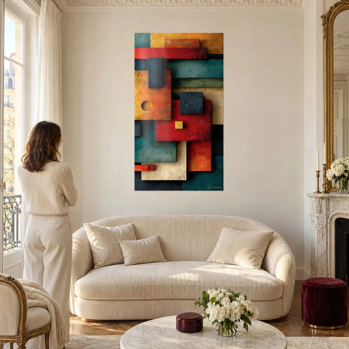 Tableau rectangles superposés rouge carmin et jaune ocre, texture épaisse, femme de dos, au-dessus d'un canapé dans un salon lumineux