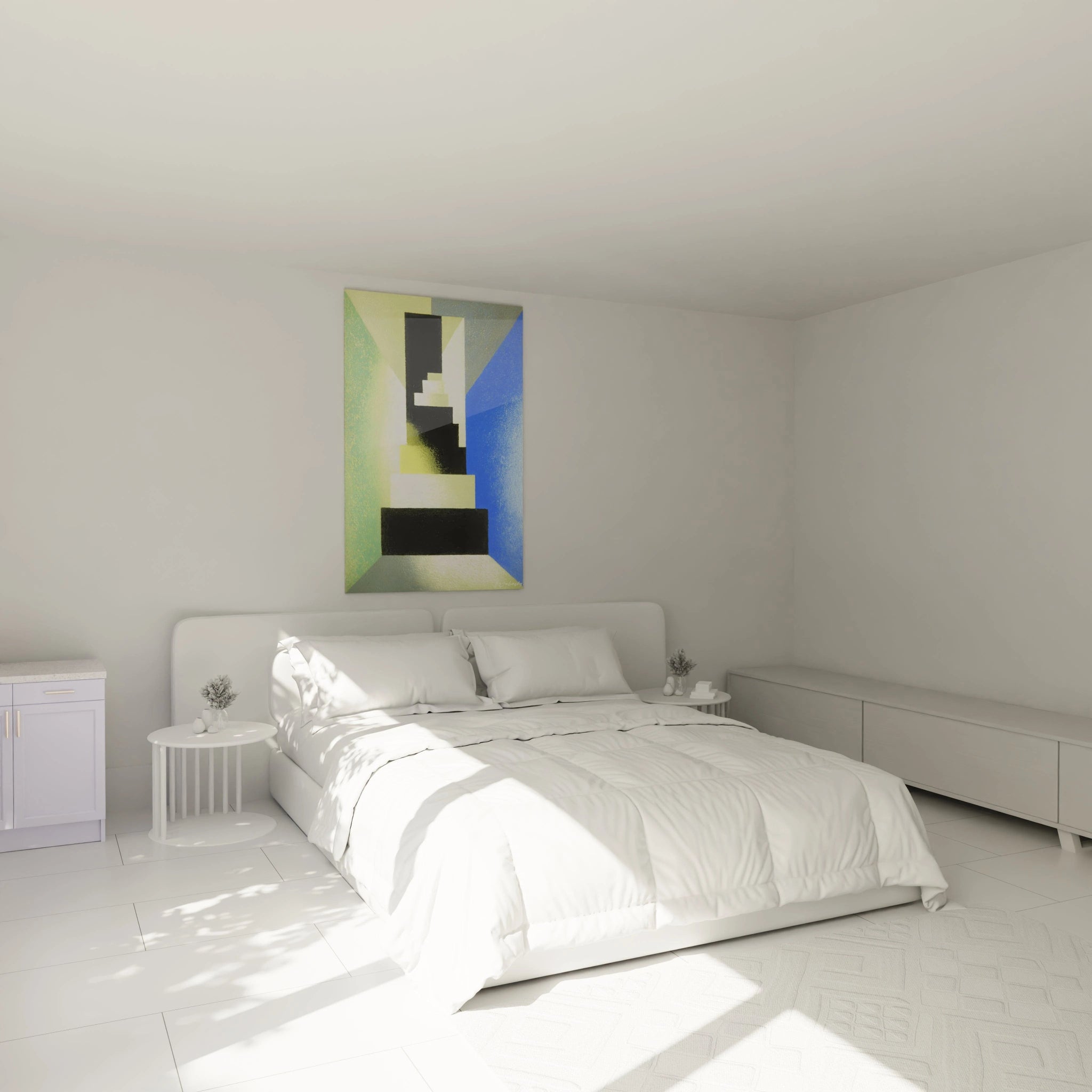tableau formes géométriques constructivisme de Walensky accroché au dessus d un lit blanc minimaliste dans une chambre lumineuse