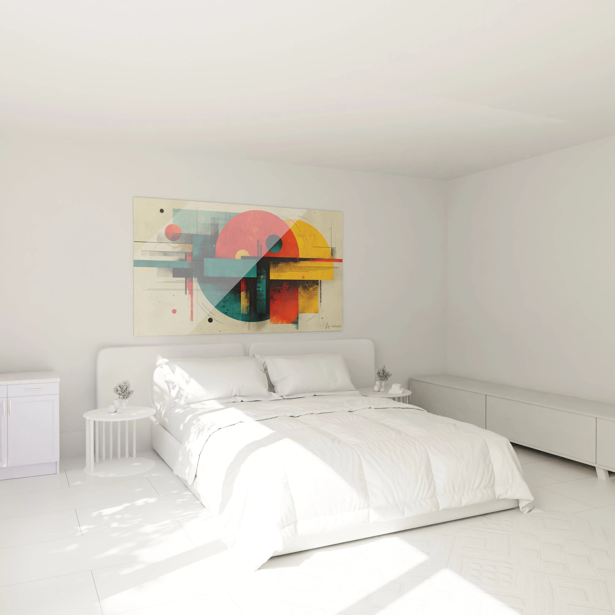tableau Bauhaus formes géométriques Walensky accroché au dessus d un lit blanc minimaliste dans une chambre lumineuse
