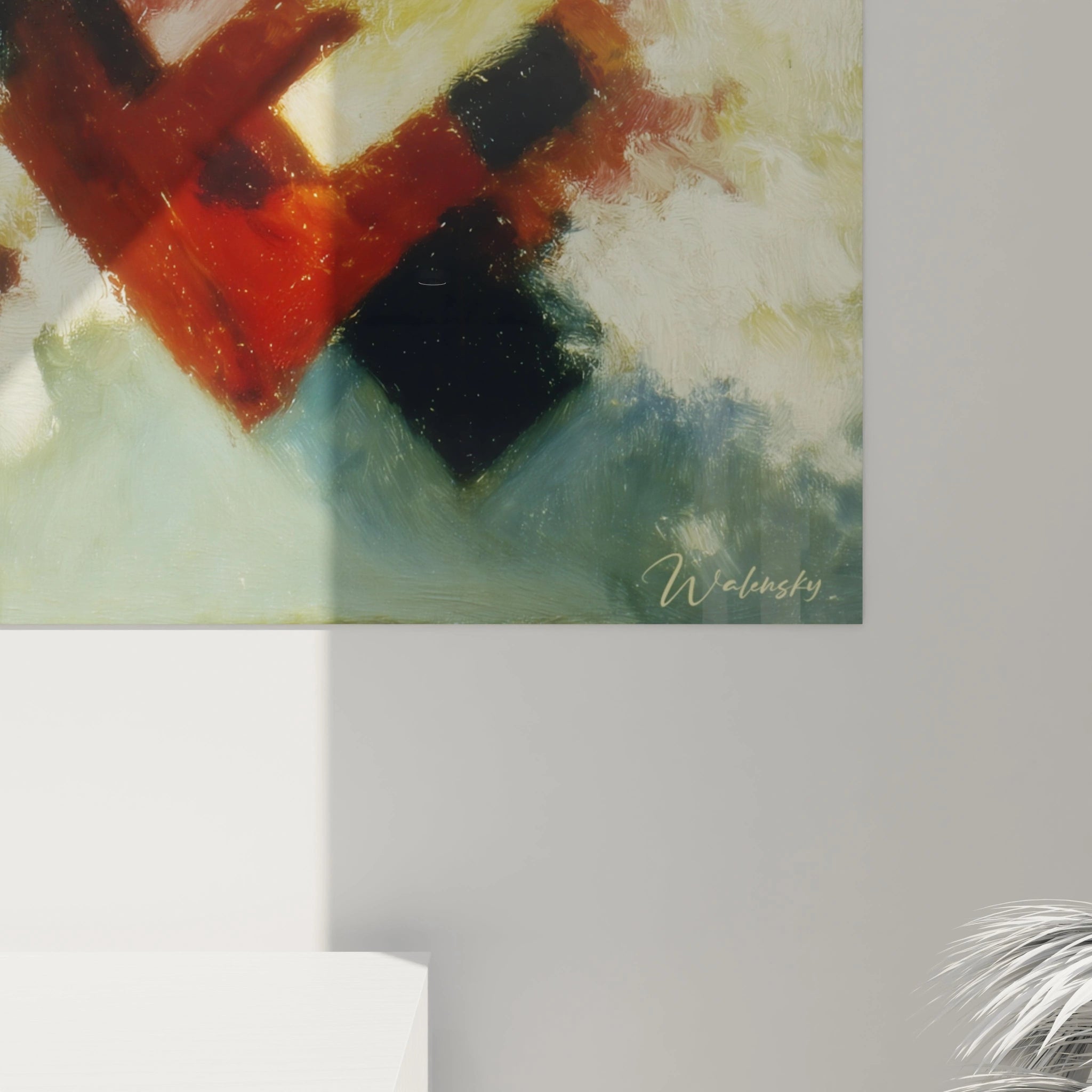 Tableau formes géométriques moderne Walensky peinture murale abstraite blocs rouges noirs et verts signé