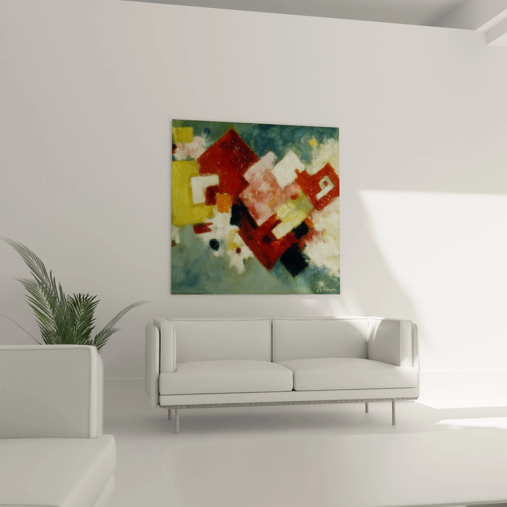 tableau formes géométriques moderne Walensky peinture murale abstraite carrés rouges jaunes noirs sur fond vert salon minimaliste