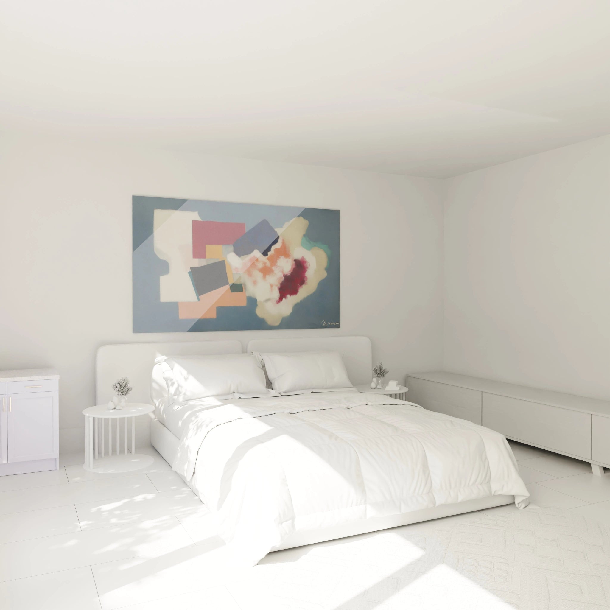 tableau formes géométriques moderne Walensky accroché au mur de la chambre minimaliste blanche au dessus du lit