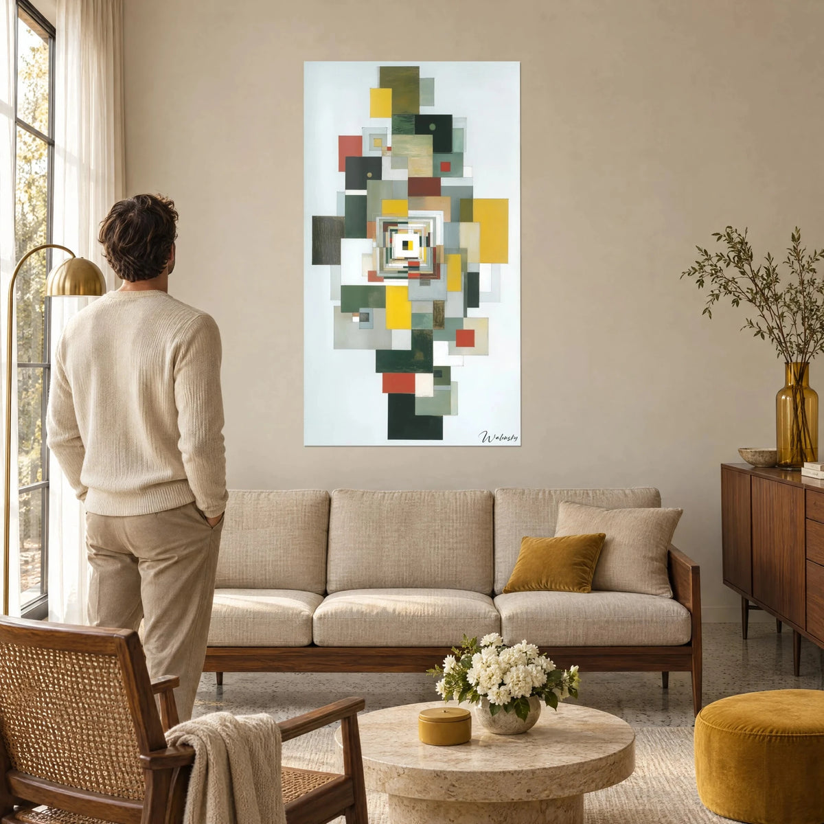 Quadro di quadrati annidati giallo senape e rosso mattone, nucleo bianco concentrico, uomo di spalle, sopra un divano in un soggiorno luminoso