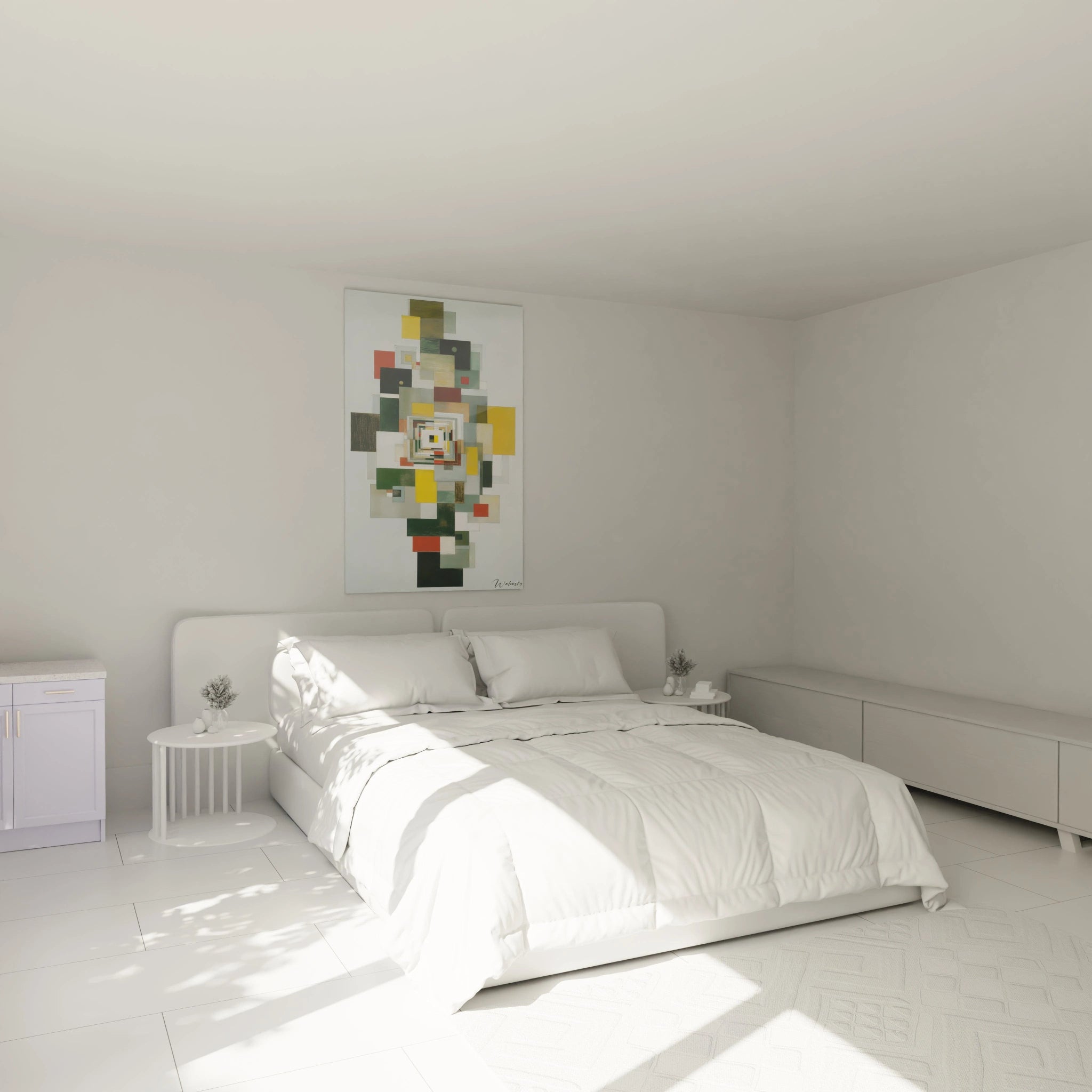 Tableau mural Walensky tableau formes géométriques abstrait multicolore accroché au dessus d un lit blanc minimaliste