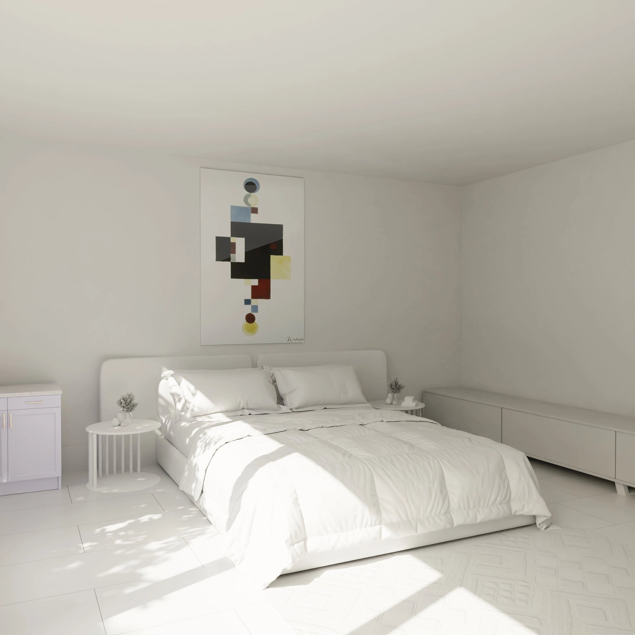 Tableau mural Walensky suspendu au dessus d un lit blanc minimaliste tableau formes géométriques constructivisme