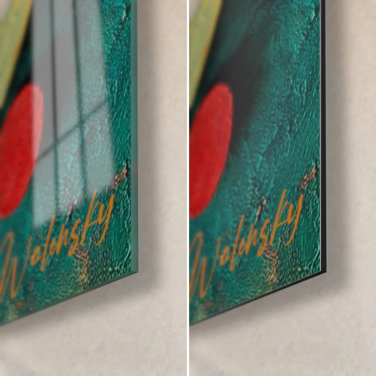 Tableau cercles rouge et turquoise épais, coin bas droit : verre brillant à gauche, Dibond mat à droite, tranche de 3 mm