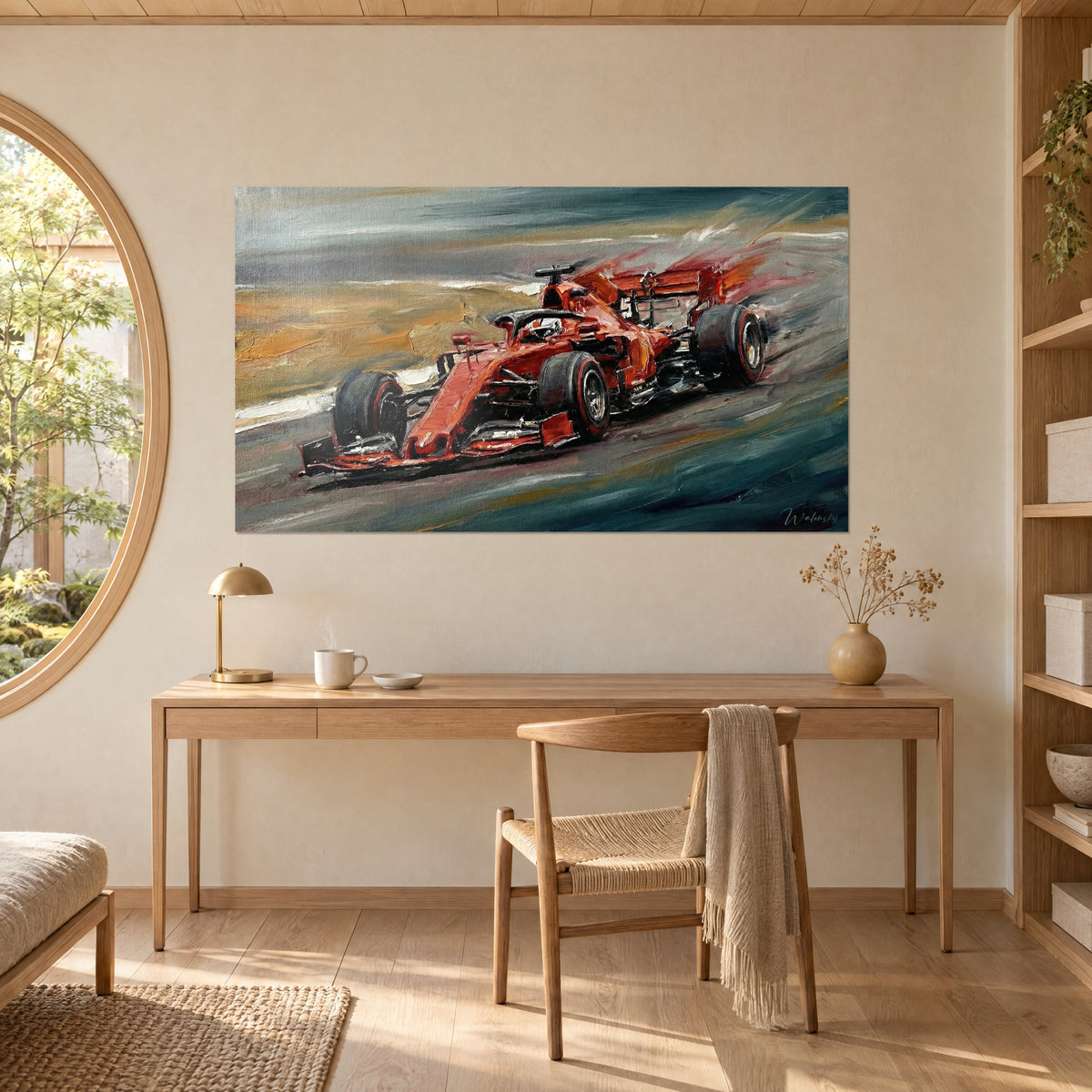 Obraz wyścigowe Ferrari malowane szpachlą, pomarańczowoczerwona karoseria na zielonkawoszarym tle, nad biurkiem z jasnego drewna