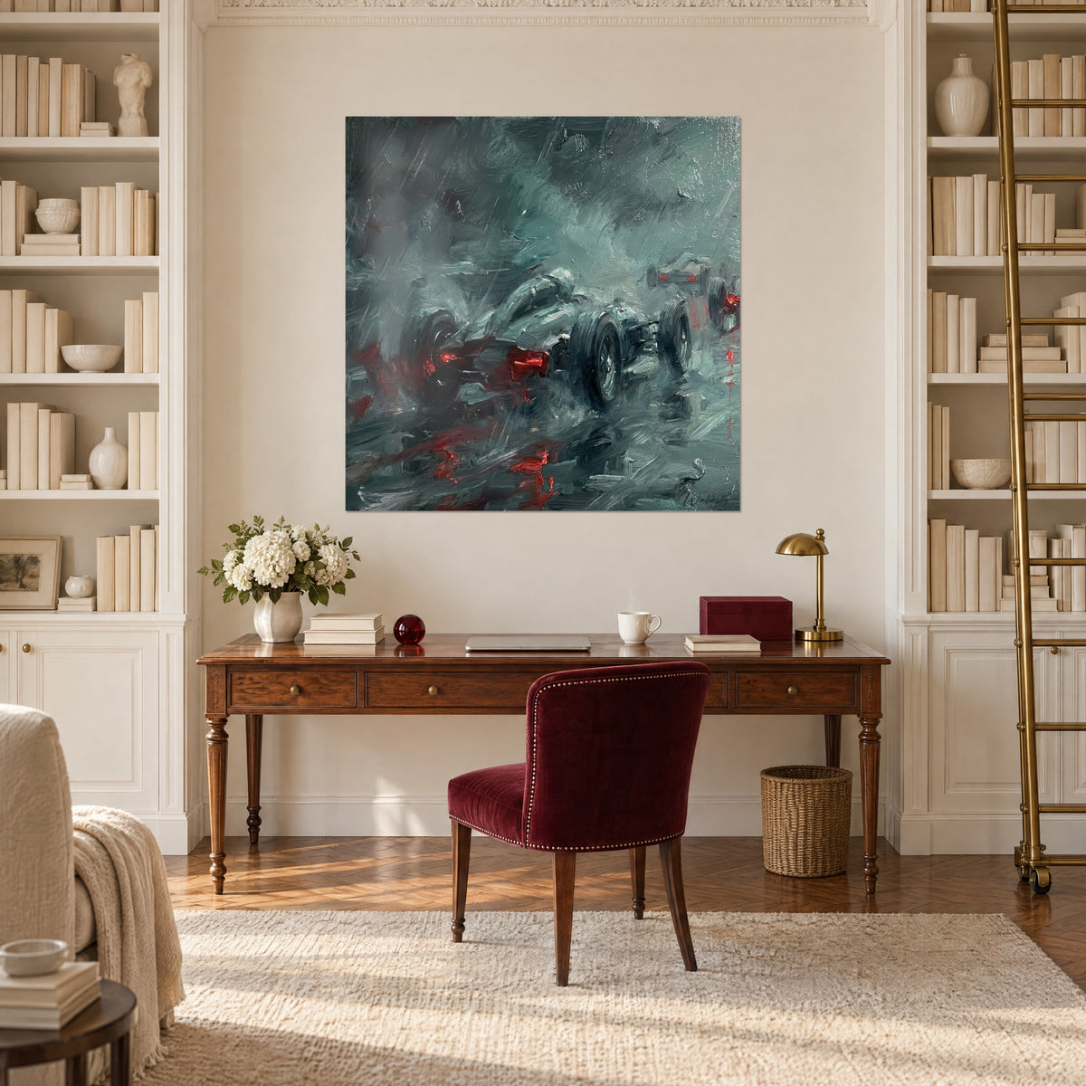 Tableau Formule 1 aux pneus noirs dans les gerbes d'eau, reflets rouges sur piste grise, entre deux bibliothèques blanches d'un bureau