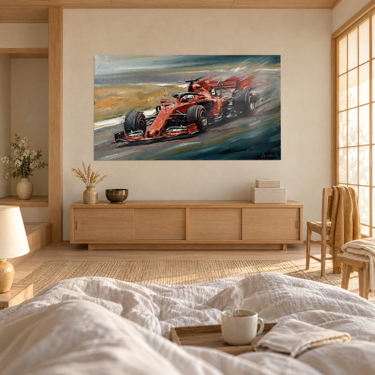 Obraz jaskrawoczerwony samochód Grand Prix przecinający ochrową i petrolową smugę, nad łóżkiem w jasnej sypialni