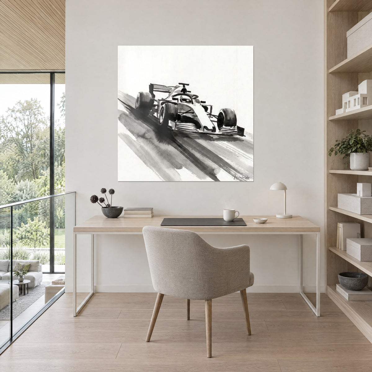 Wall art of a Formula 1 car at full speed, deep black tyres and grey traces on ivory white, hung on the wall of a light wood office