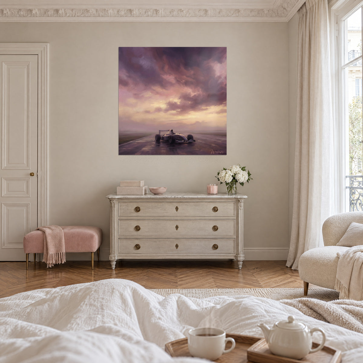 Wall art of a Formula 1 car on wet asphalt, lilac and pale yellow sky, hung above a bed in a bright bedroom
