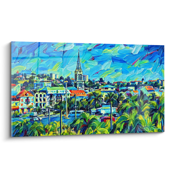 Schilderij Kathedraal en palmbomen onder turquoise blauwe hemel - Levendig ochtendgloren - Editie Fort-de-France Martinique Frankrijk