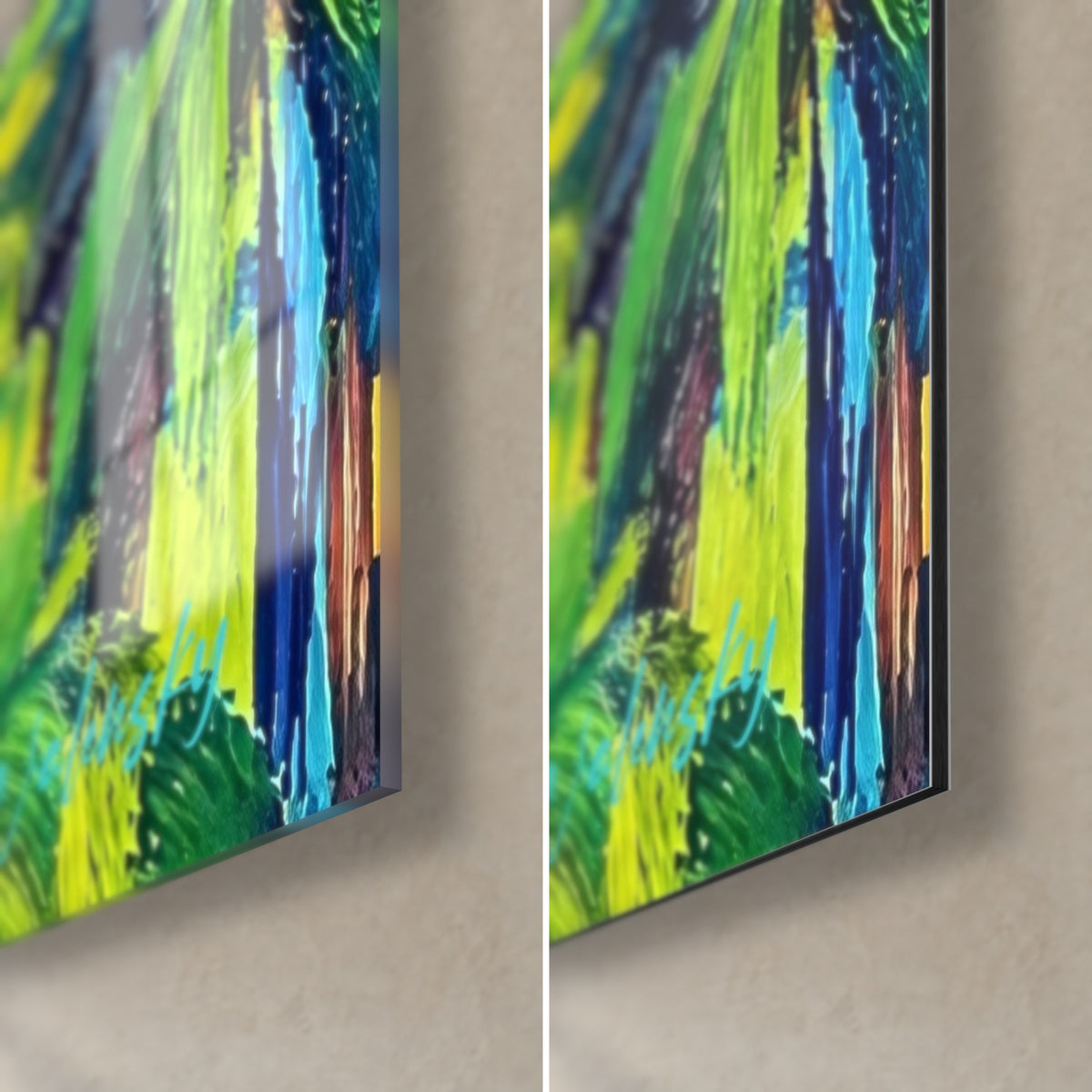 Empâtements de peinture turquoise et verte se mêlant aux coulures orangées des toitures créoles