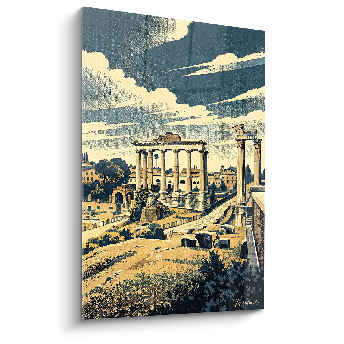 Tableau Forum Romain aux colonnes ocre dressées sous un ciel bleu marine dramatique et nuageux