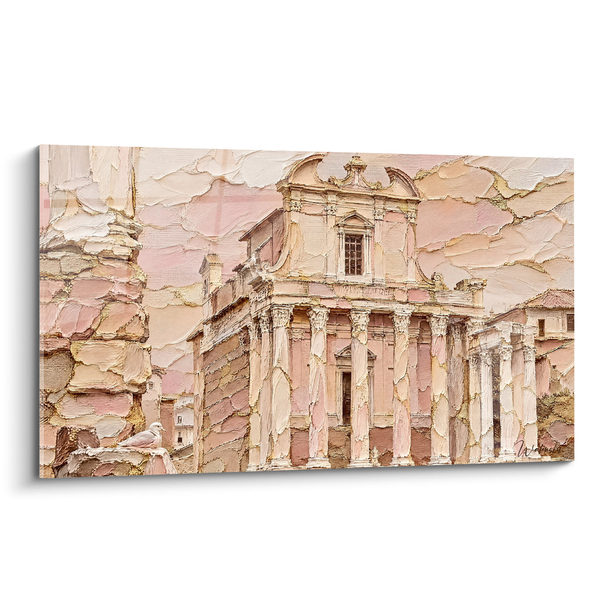 Tableau Forum Romain avec temple corinthien rose et doré aux colonnes sculptées en relief