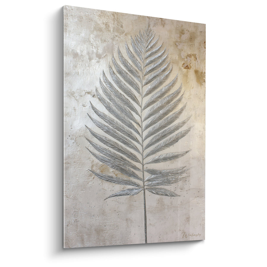Tableau feuille de fougère argentée sur fond beige texturé - Élégance végétale - Edition Feng shui Ouest Métal