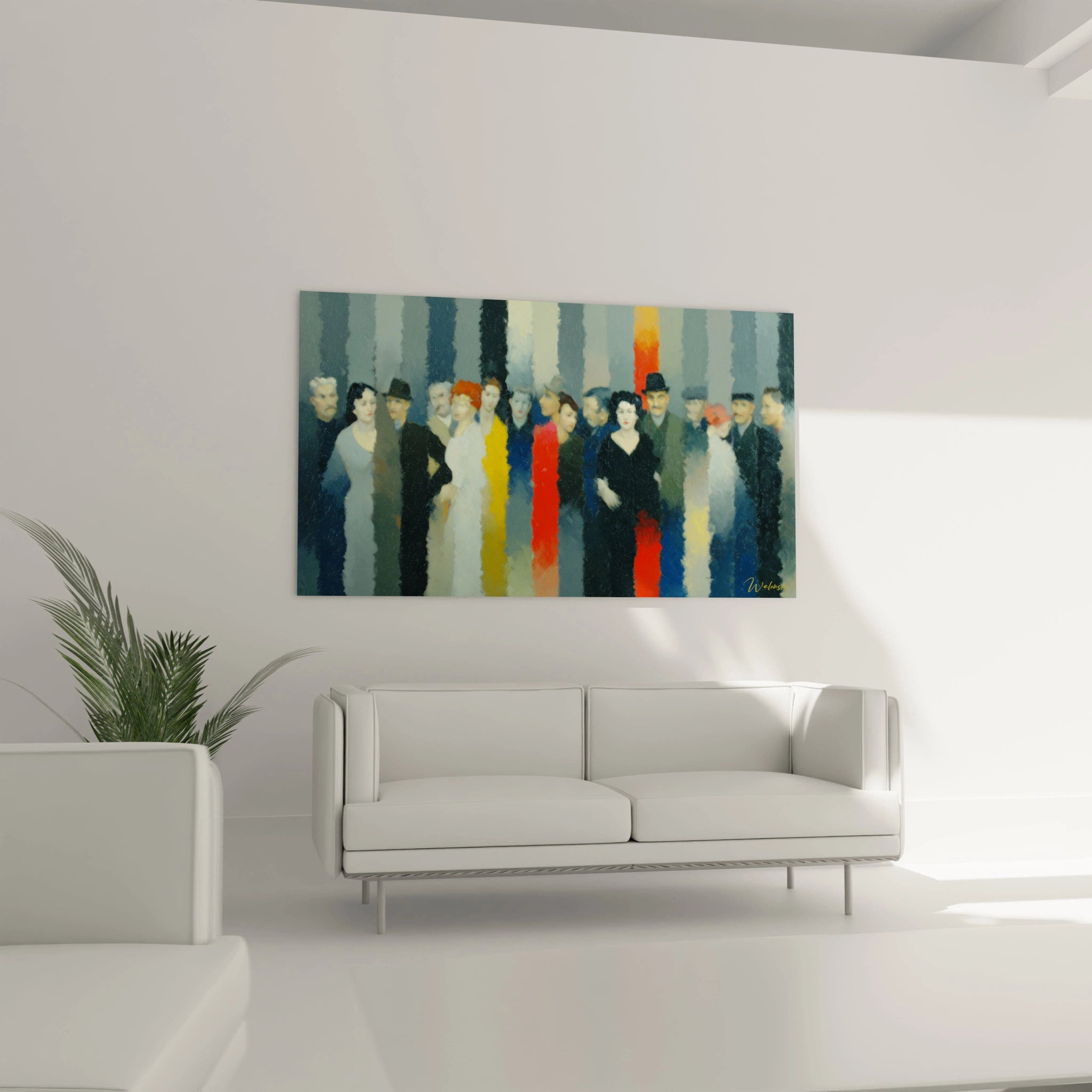 tableau dadaïsme contemporain Walensky accroché au dessus d'un canapé blanc dans un salon lumineux et épuré