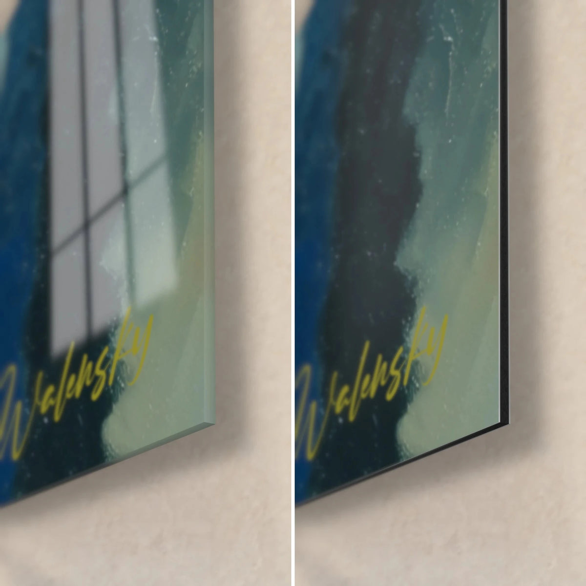 Gemälde Gruppenporträt mit marineblauen und salbeigrünen Pinselstrichen, gelbe Signatur unten rechts, glänzendes Acrylglas und mattes Dibond