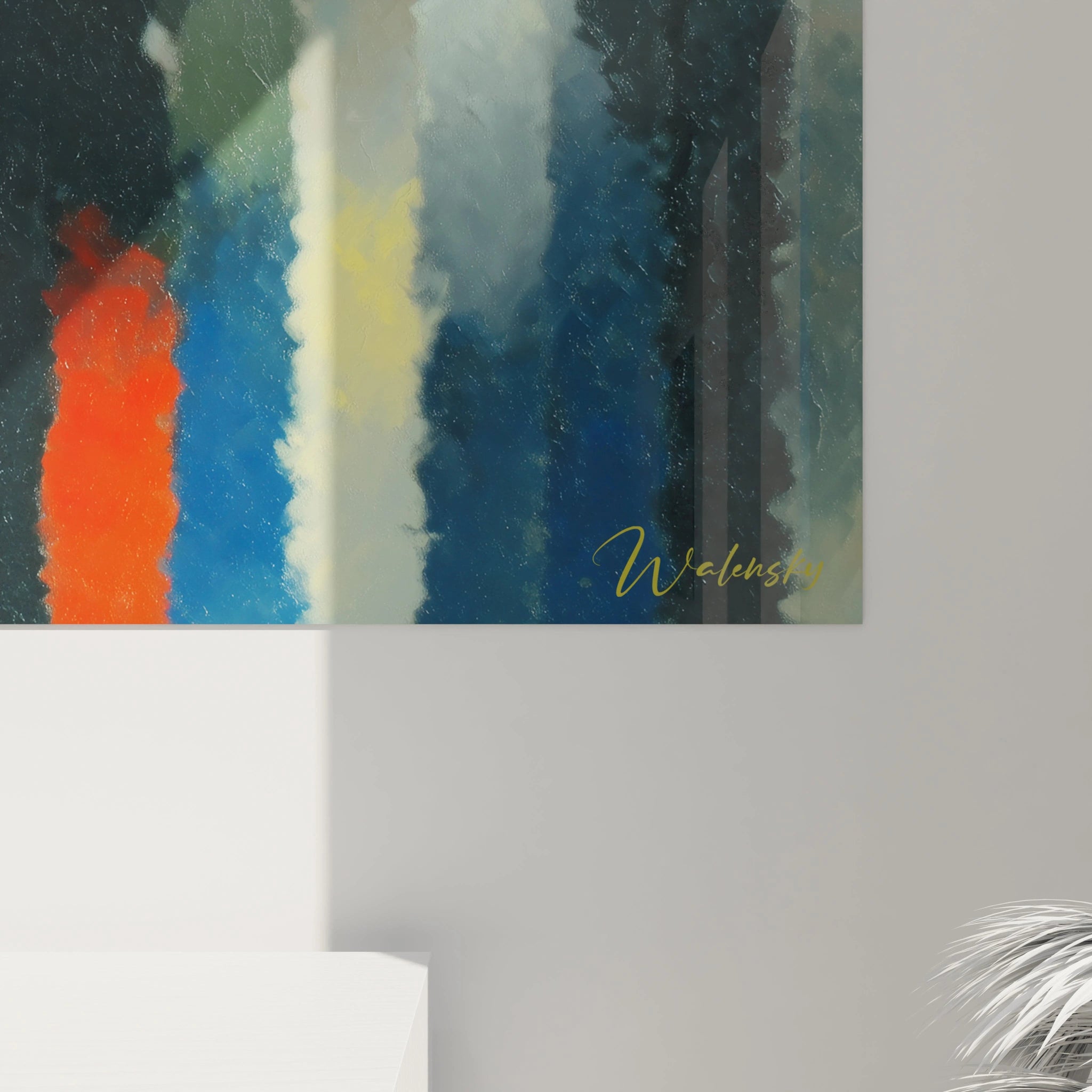 Tableau mural Walensky aux bandes colorées abstraites et signature dorée pour déco intérieure tableau dadaïsme contemporain