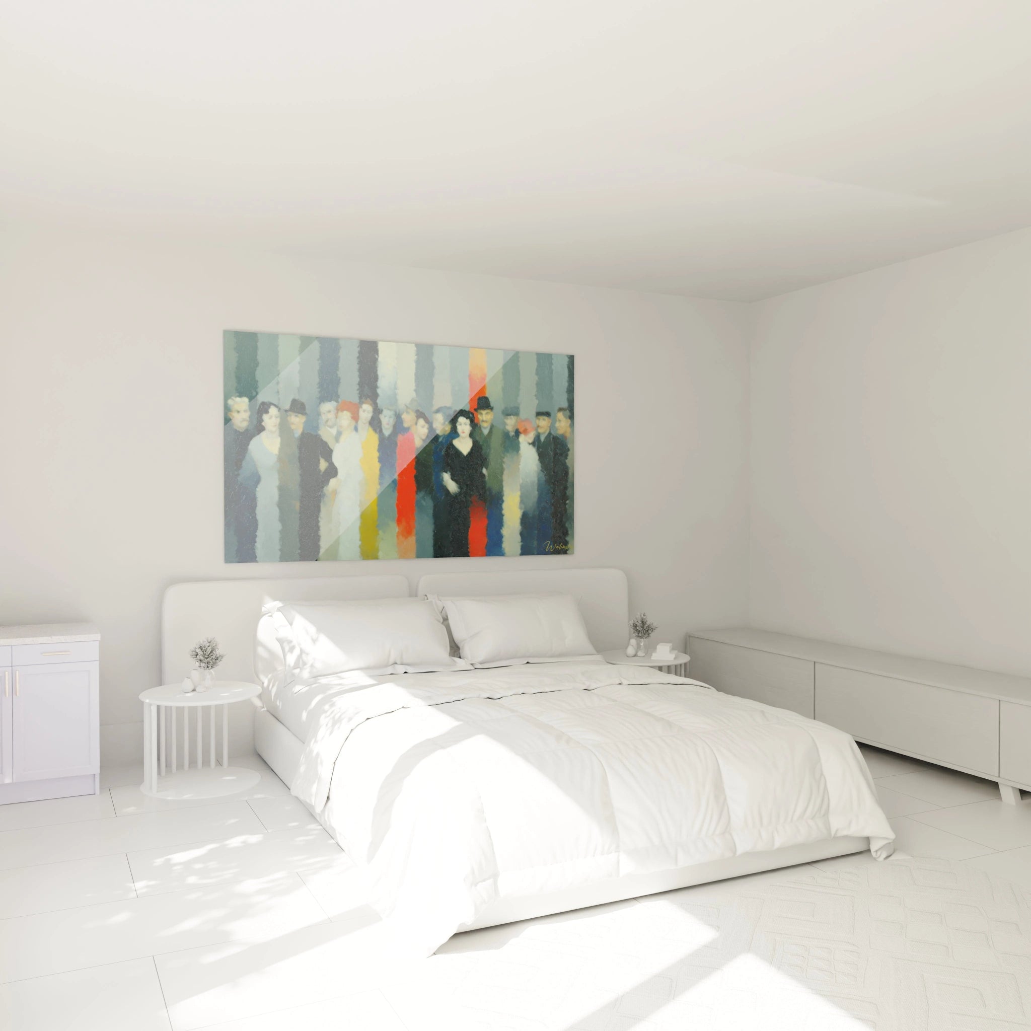 tableau dadaïsme contemporain mural Walensky au dessus du lit dans une chambre minimaliste blanche