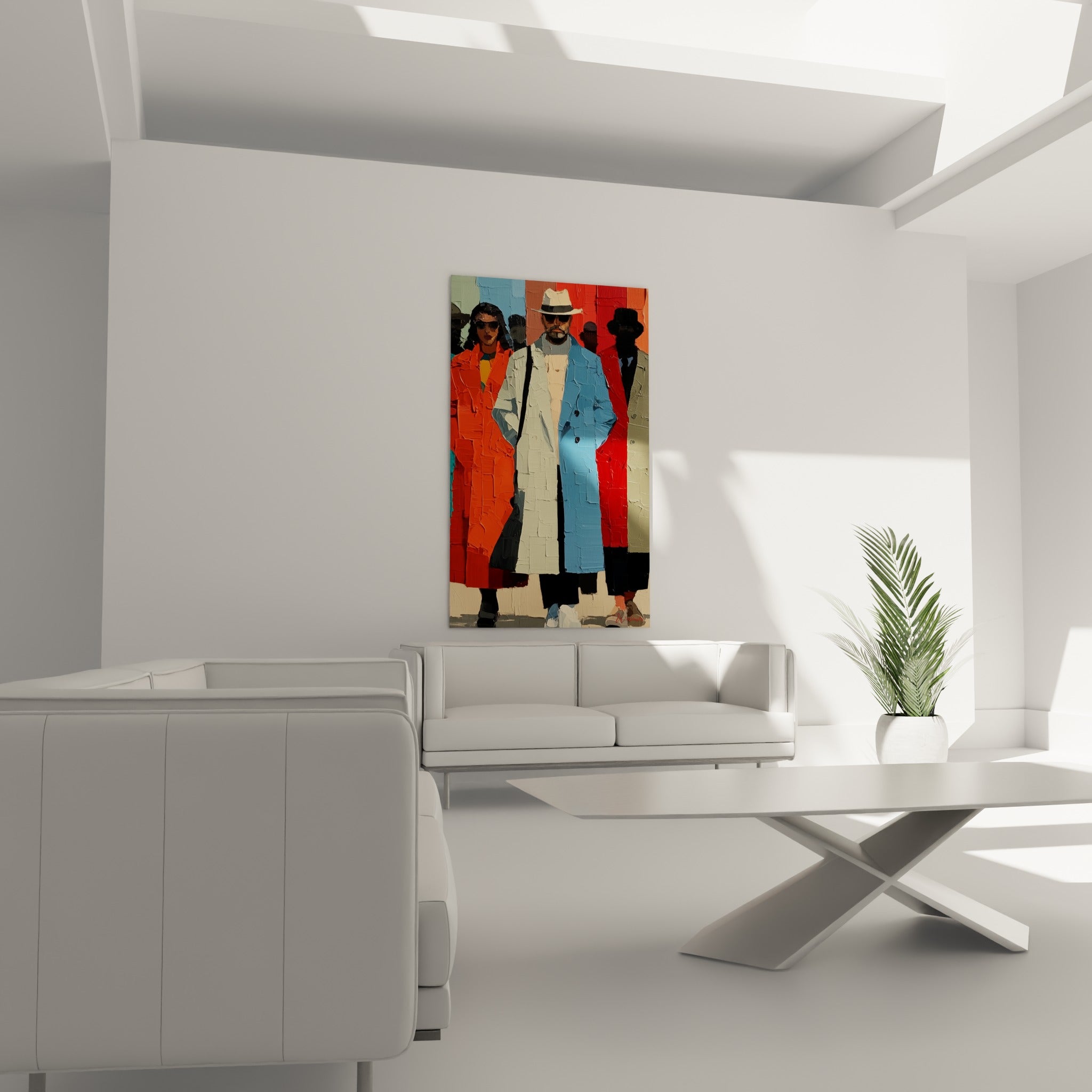 Foule stylisée en manteaux orange et bleu accrochée au-dessus d'un canapé dans un salon lumineux