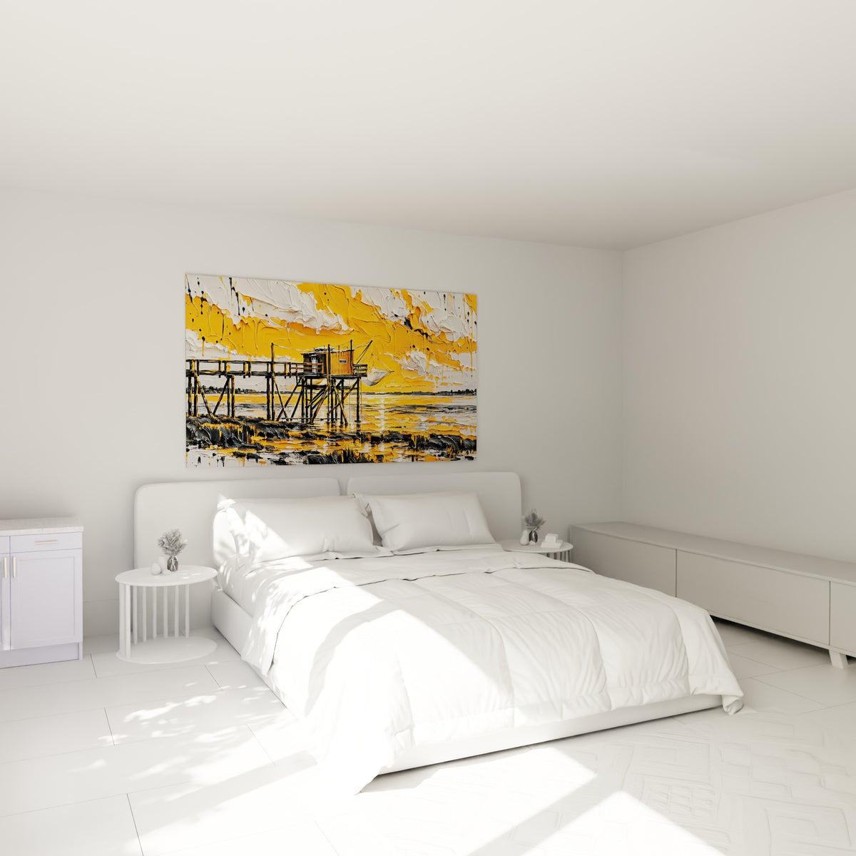 Cabane de pêche orange et blanche sur pilotis, accrochée au-dessus d'un lit dans une chambre claire