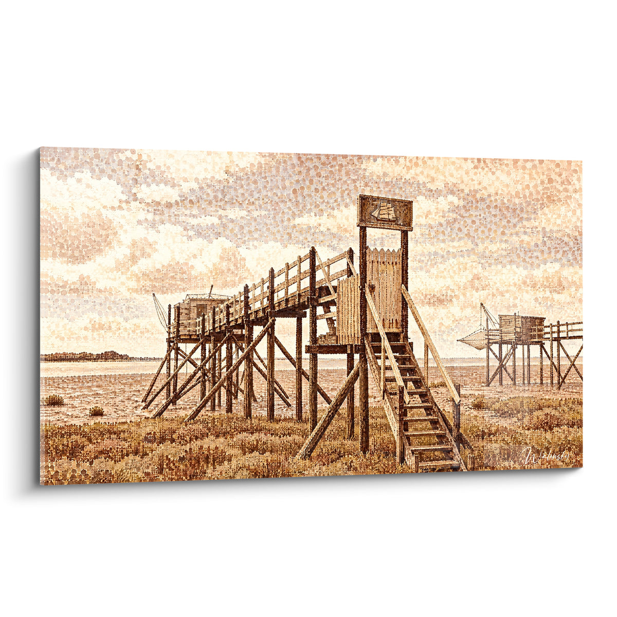 Gemälde Fischerhütte aus ockerfarbenem und braunem Holz auf Pfählen mit Blick auf den Ozean unter einem pointillistischen, bewölkten Himmel