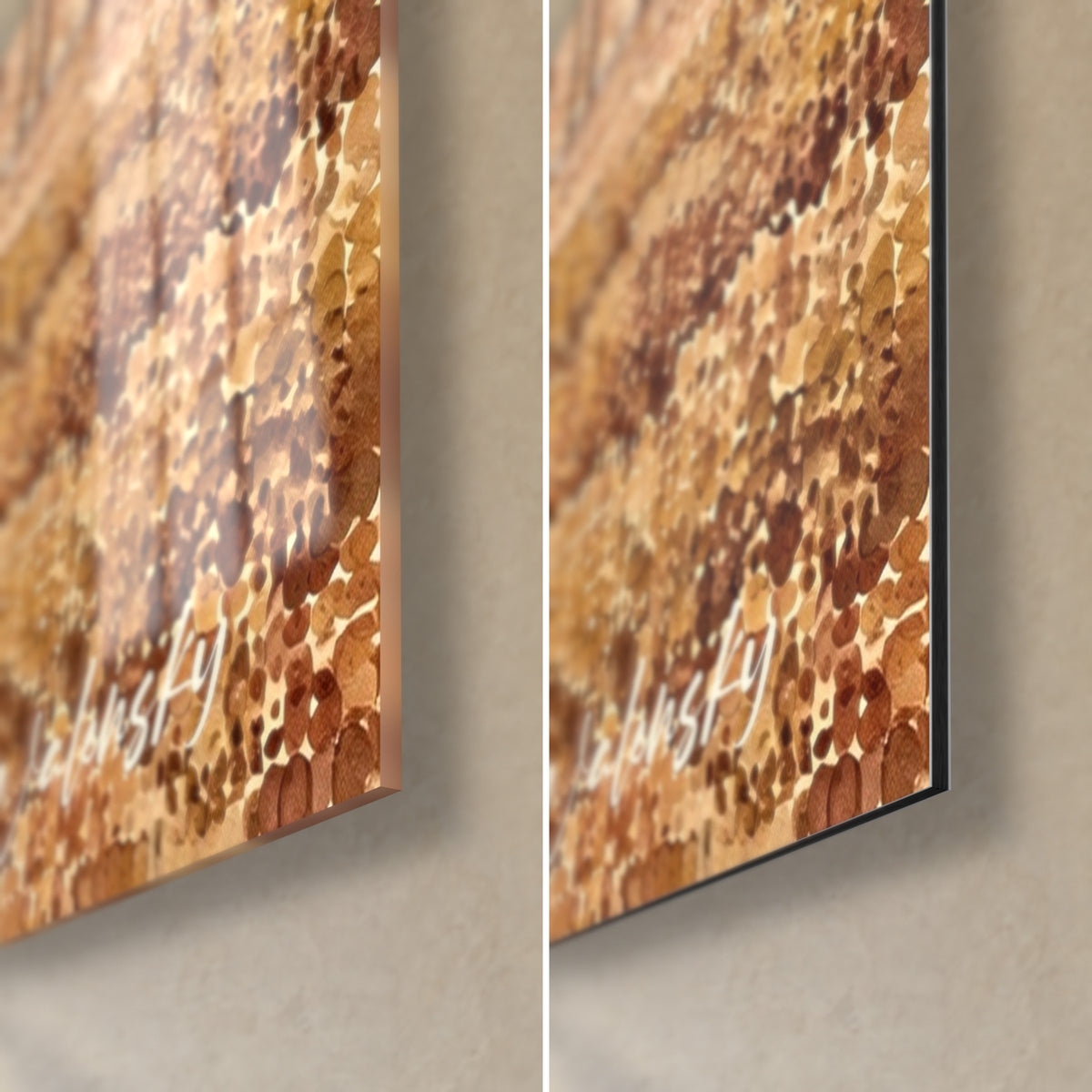 Gemälde Fischernetz auf Pfählen, ockerfarbene und braune Ecke unten rechts, glänzendes Acrylglas und mattes Dibond-Aluminium, 3 mm Stärke