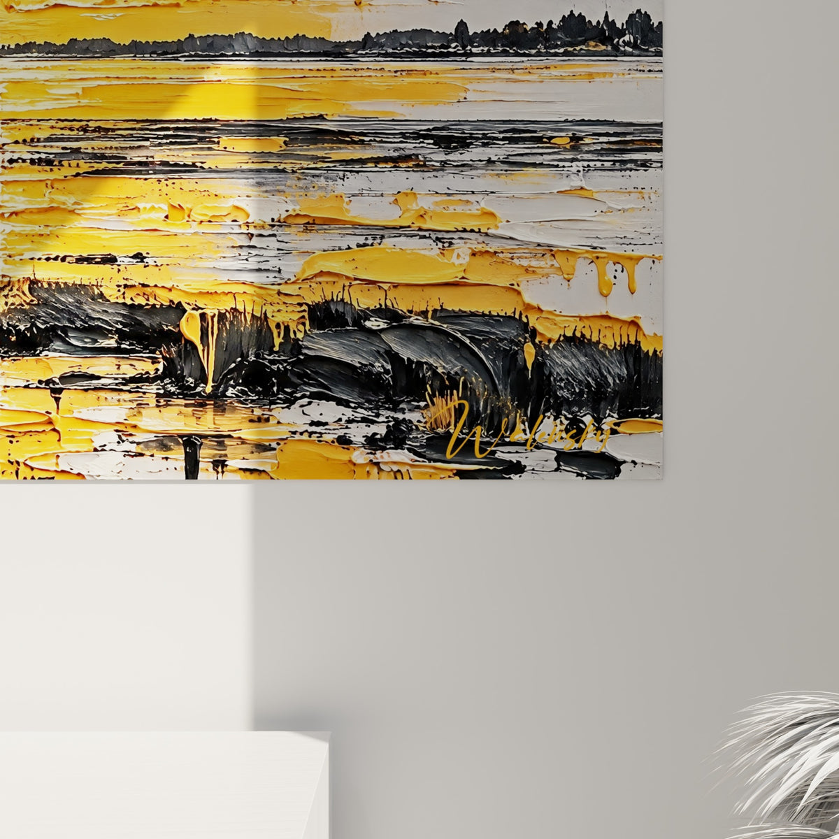 Empâtements épais orange et blancs révélant coulures et grain de peinture sur la toile accrochée