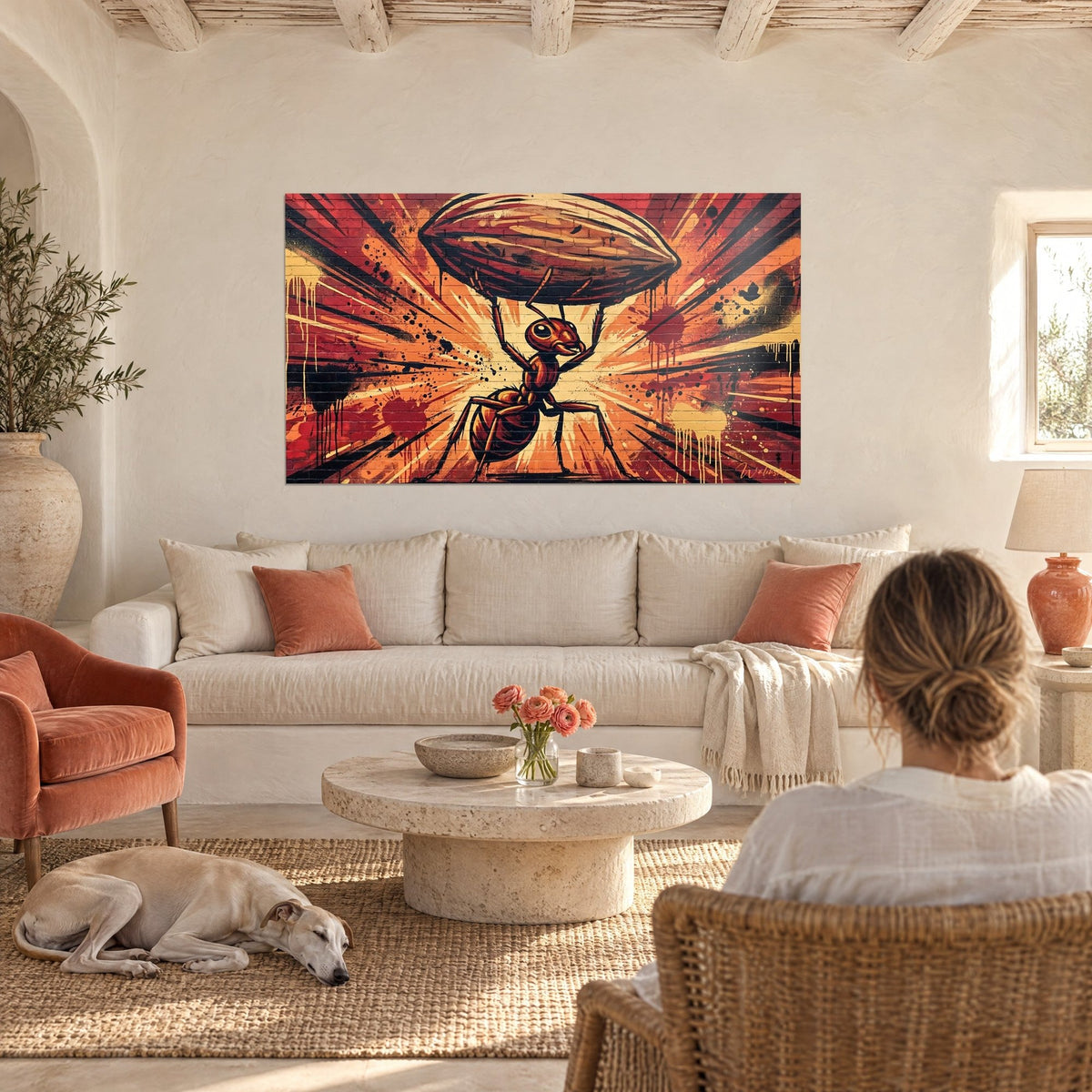 Gemälde heroische Ameise, die einen riesigen Samen hochhebt, orangerote Funken, Graffiti auf Ziegelwand, über einem Sofa in einem hellen Wohnzimmer