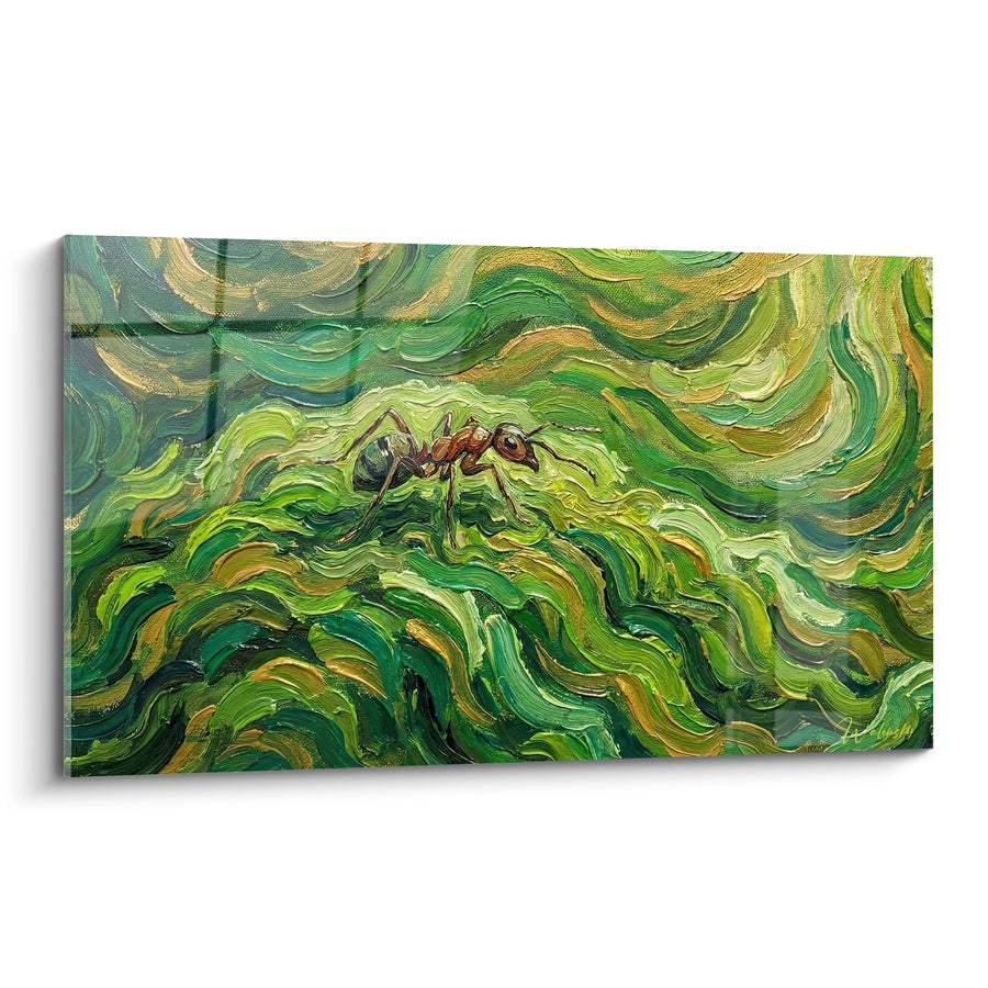 Tableau Fourmi Rouge sur Vagues Vertes et Dorées - Tourbillon Naturel - Edition Fourmie