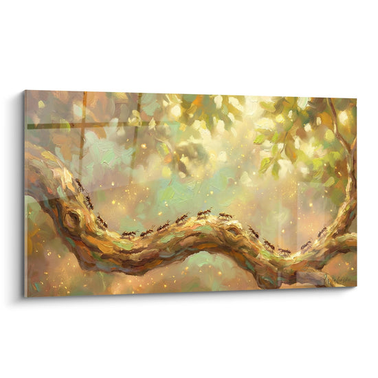 Wandbild Ameisenkolonne auf goldenem Ast im gefilterten Licht – Naturzug – Fourmie Edition