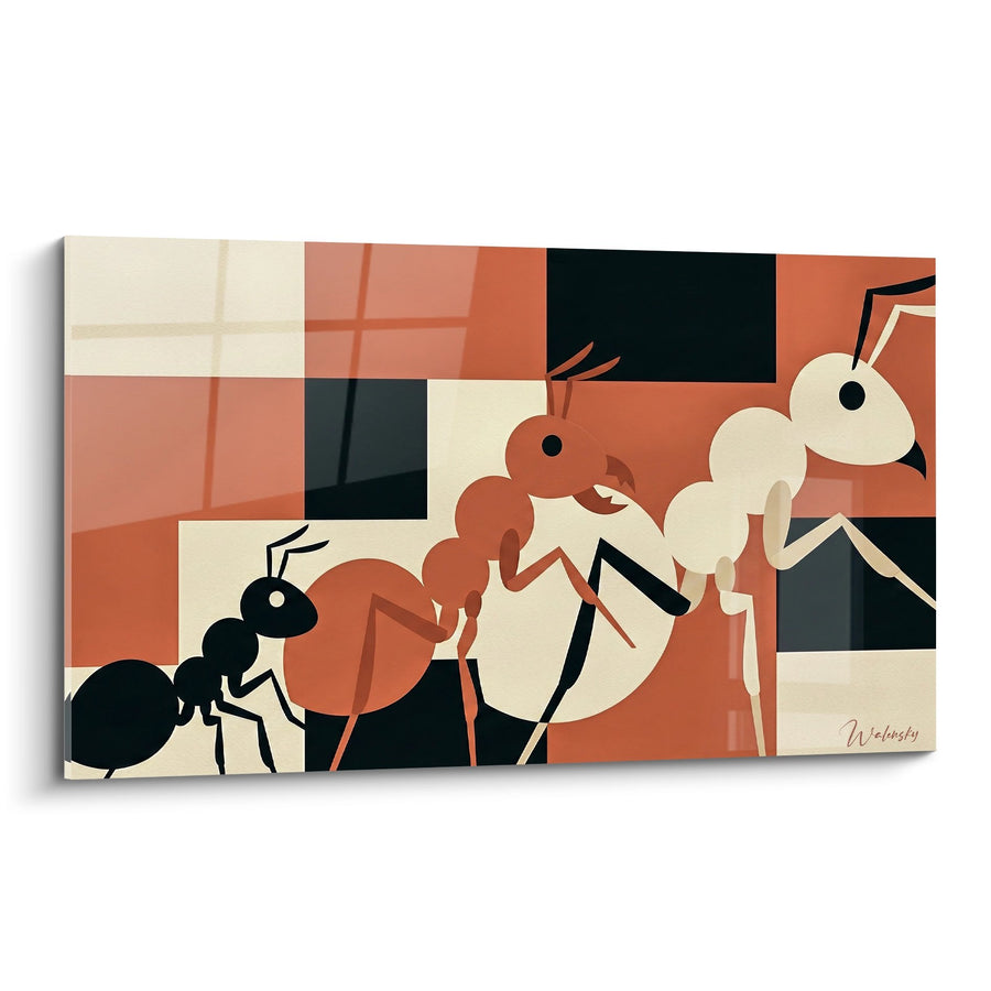 Tableau Fourmis Stylisées aux Tons Terracotta et Crème sur Carrelage - Rencontre Graphique - Edition Fourmie