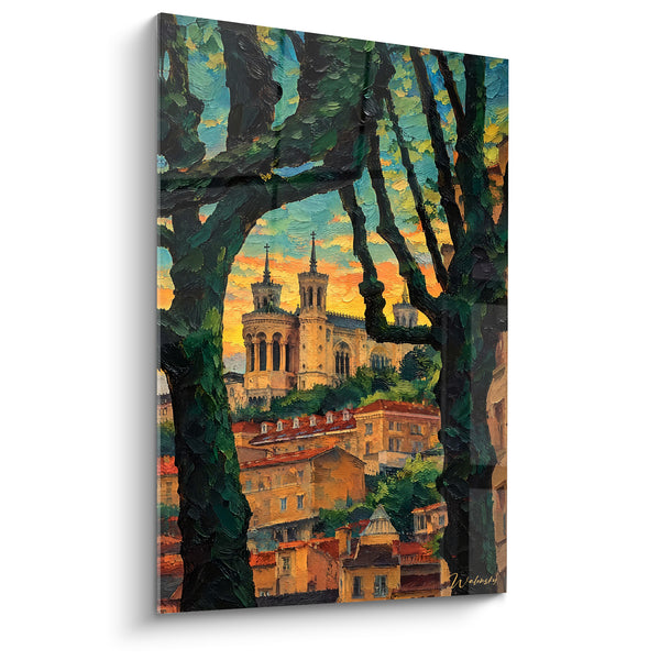 Painting Basilica of Fourvières Among Tree Trunks - Evening Light on the Hill - Fourvière Edition Auvergne-Rhône-Alpes France