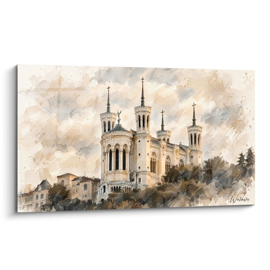 Tableau Basilique aux tours ocre et ciel voilé - Veille sur la colline - Edition Fourvière Auvergne-Rhône-Alpes France